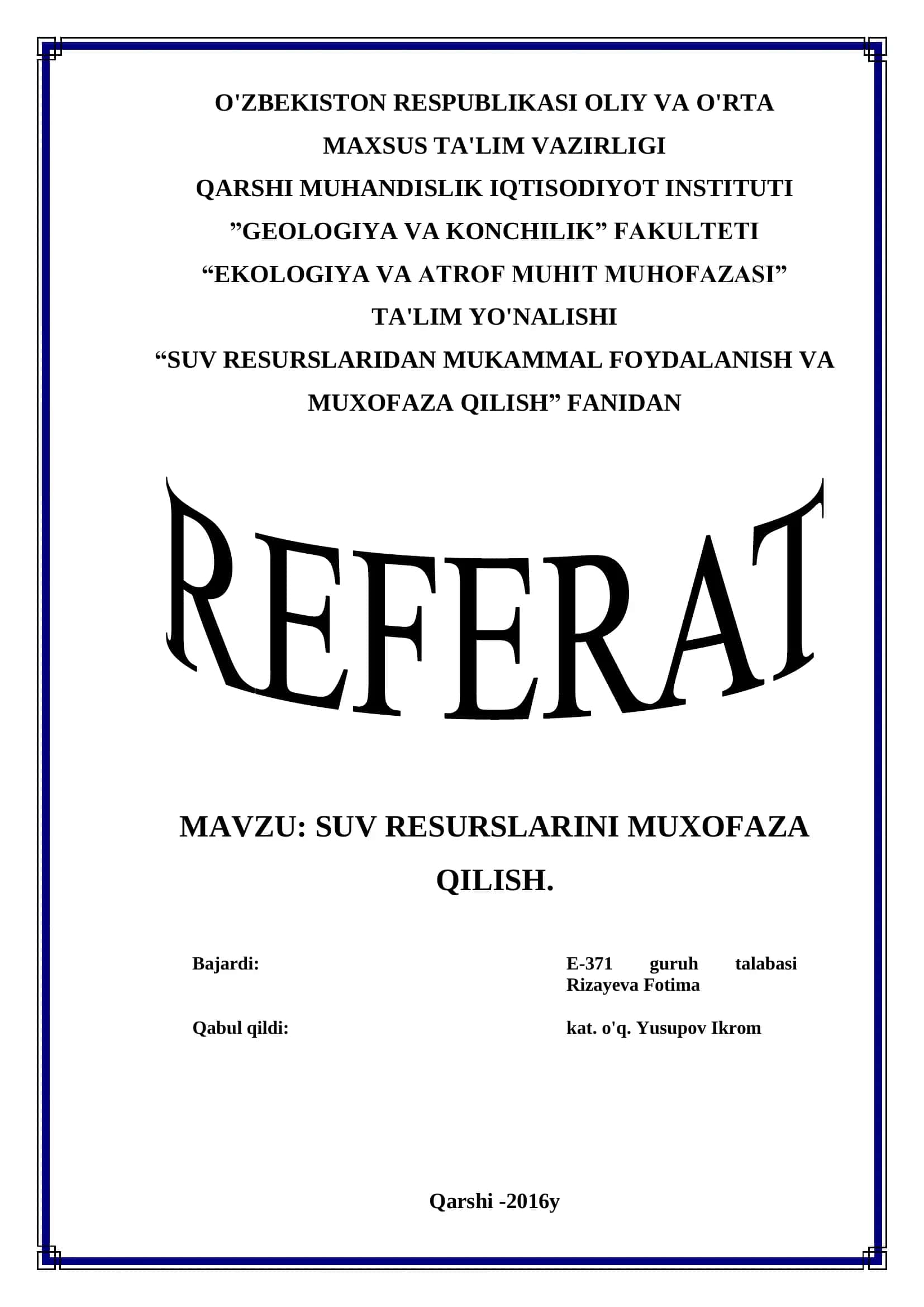 SUV RESURSLARINI MUHOFAZA QILISH