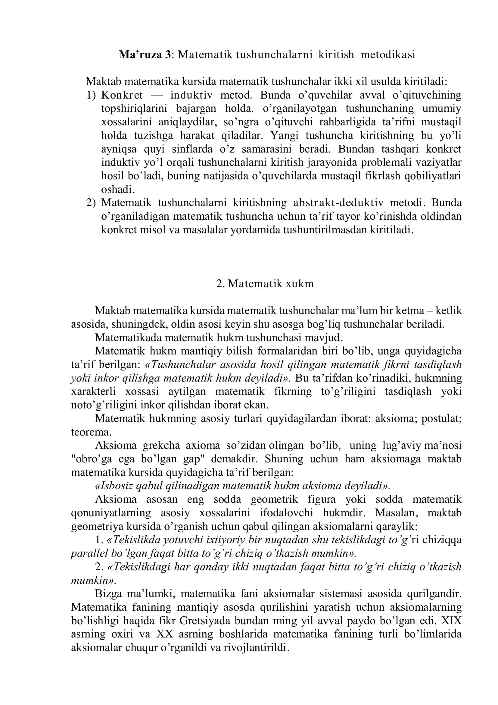 Matematik tushunchalarni kiritish metodikasi