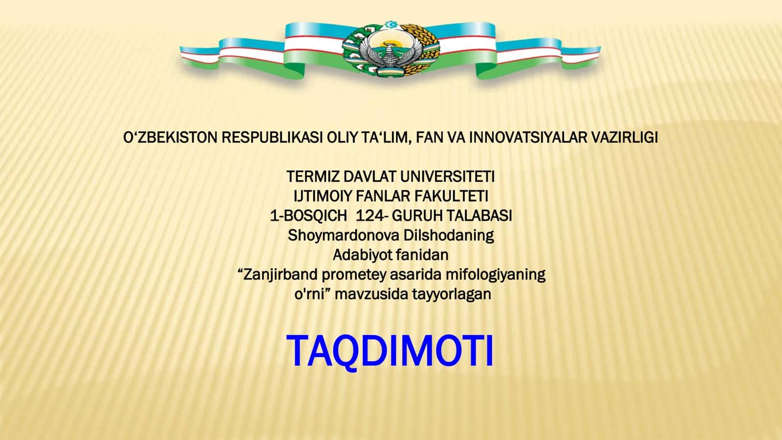 ZANJIRBAND PROMETEY ASARIDA MIFOLOGIYANING O'RNI