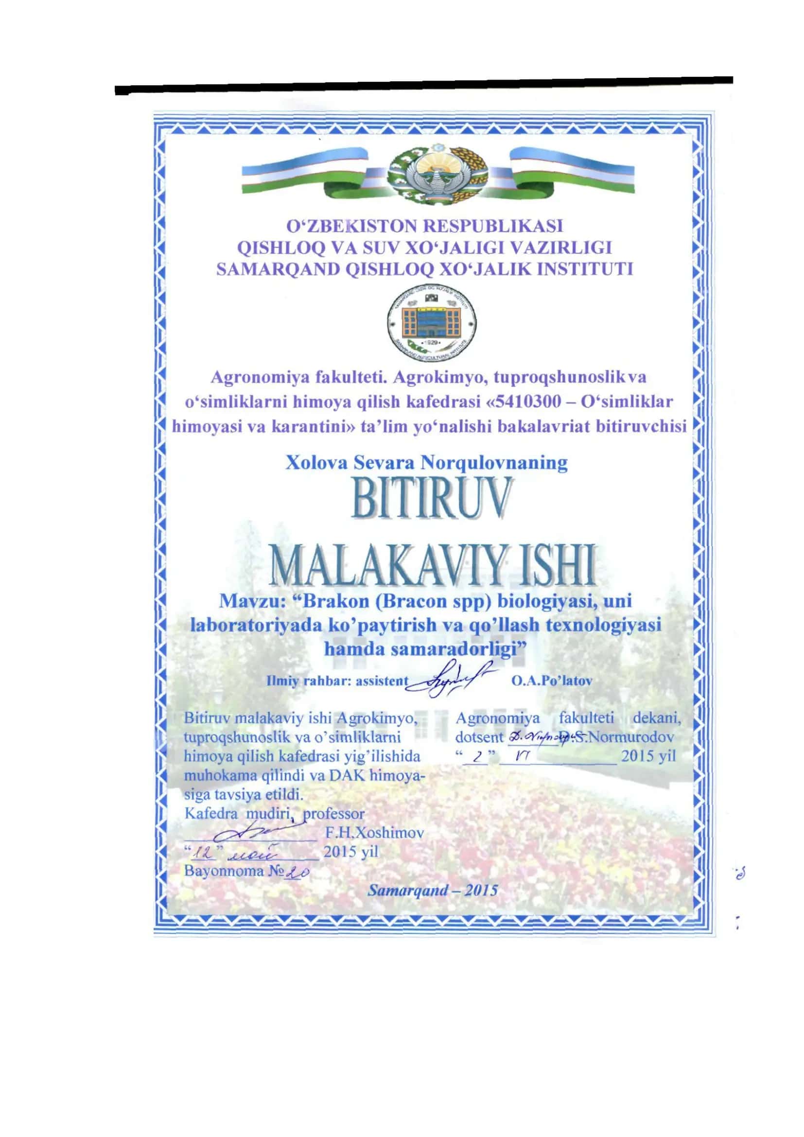 Brakon (Bracon spp) biologiyasi
