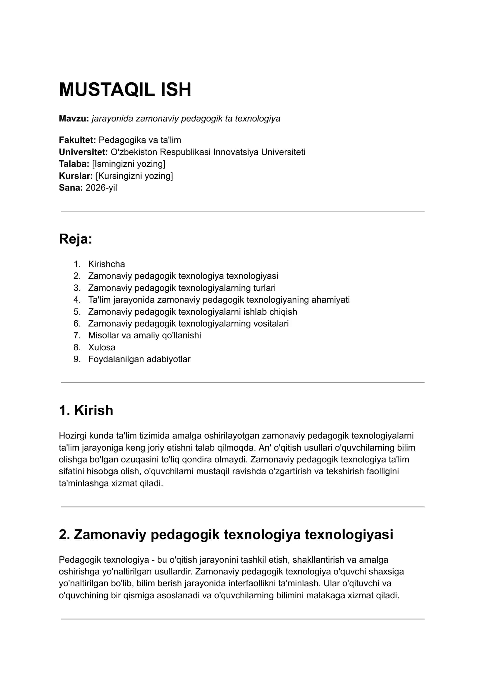 MUSTAQIL ISH jarayonida zamonaviy pedagogik