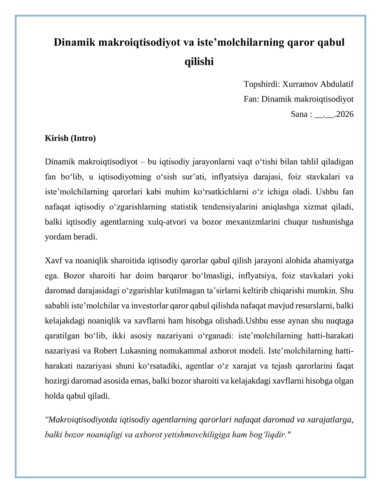 Dinamik makroiqtisodiyot va iste’molchilarning qaror qabul qilishi