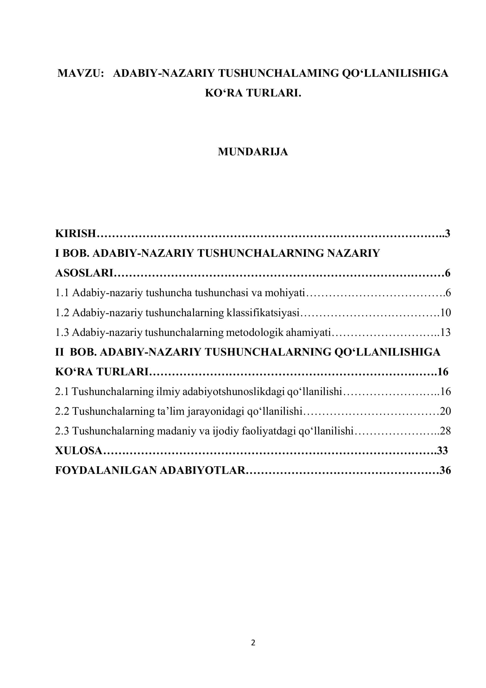 ADABIY-NAZARIY TUSHUNCHALAMING QO‘LLANILISHIGA KO‘RA TURLARI