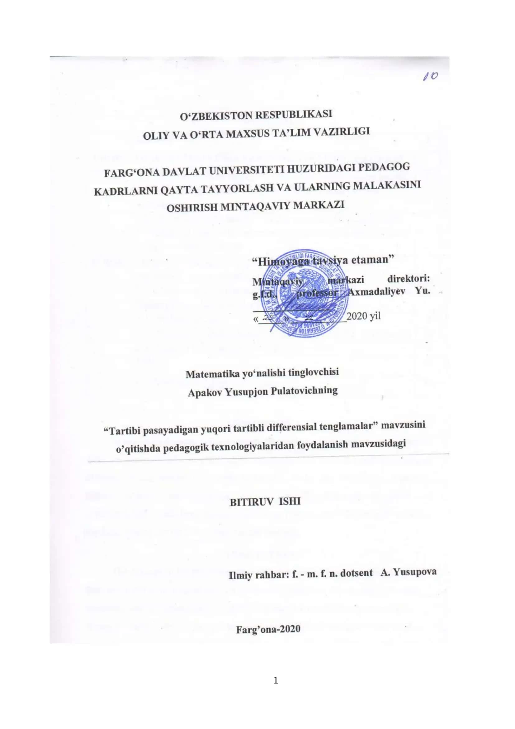 Tartibi pasayadigan yuqori tartibli differensial tenglamalar