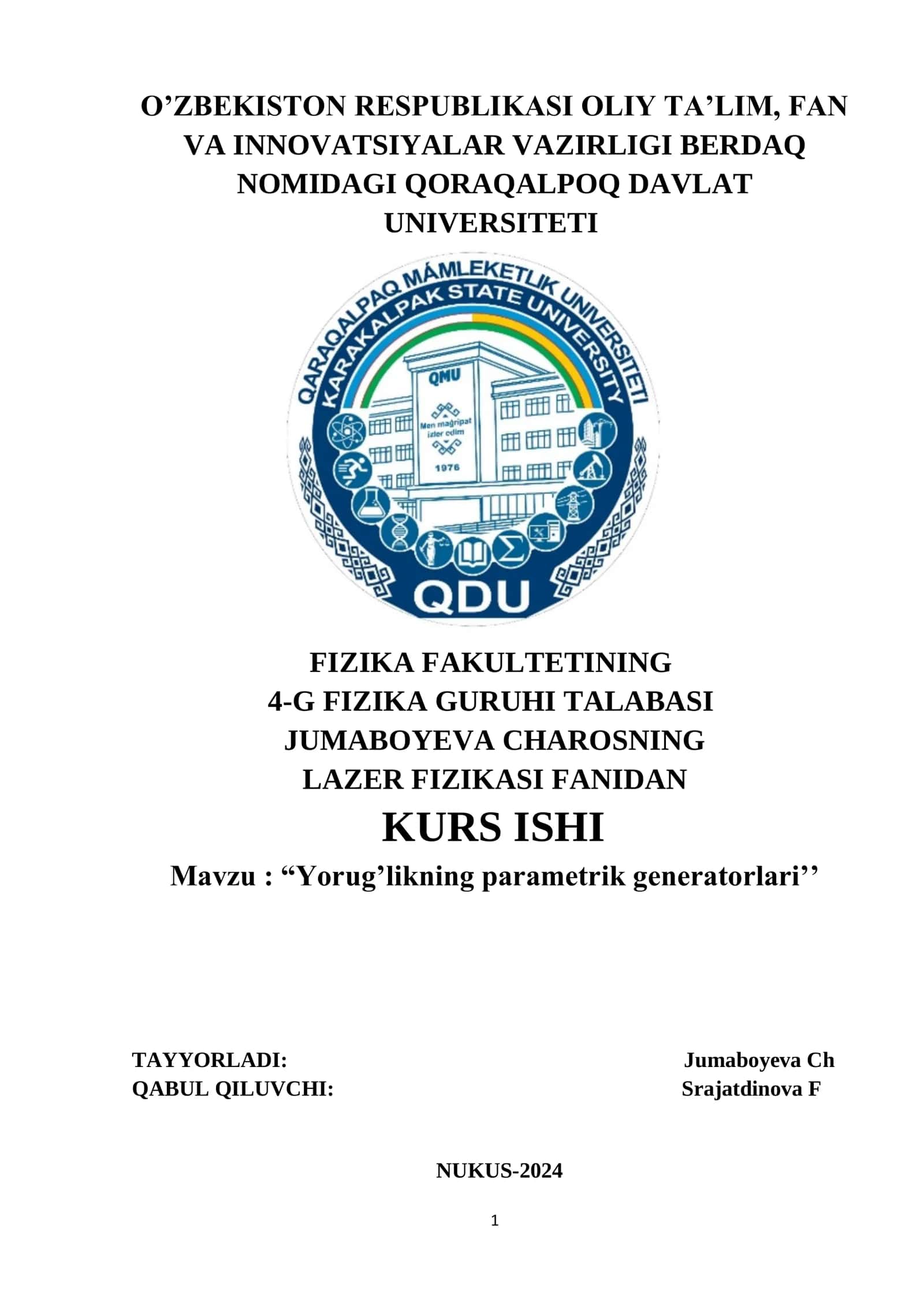 “Yorug’likning parametrik generatorlari’’