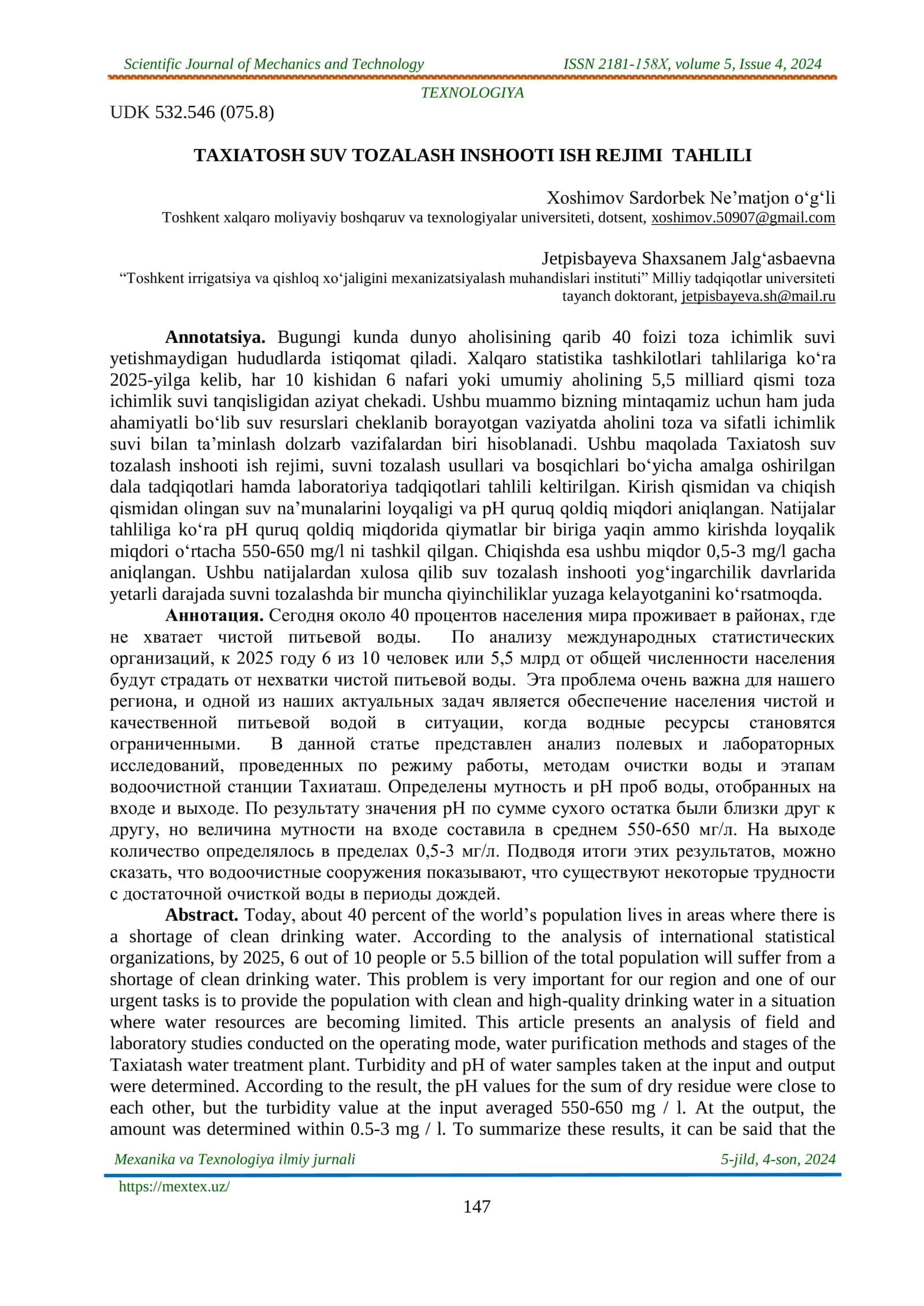 MEXANIKA VA TEXNOLOGIYA ILMIY JURNALI