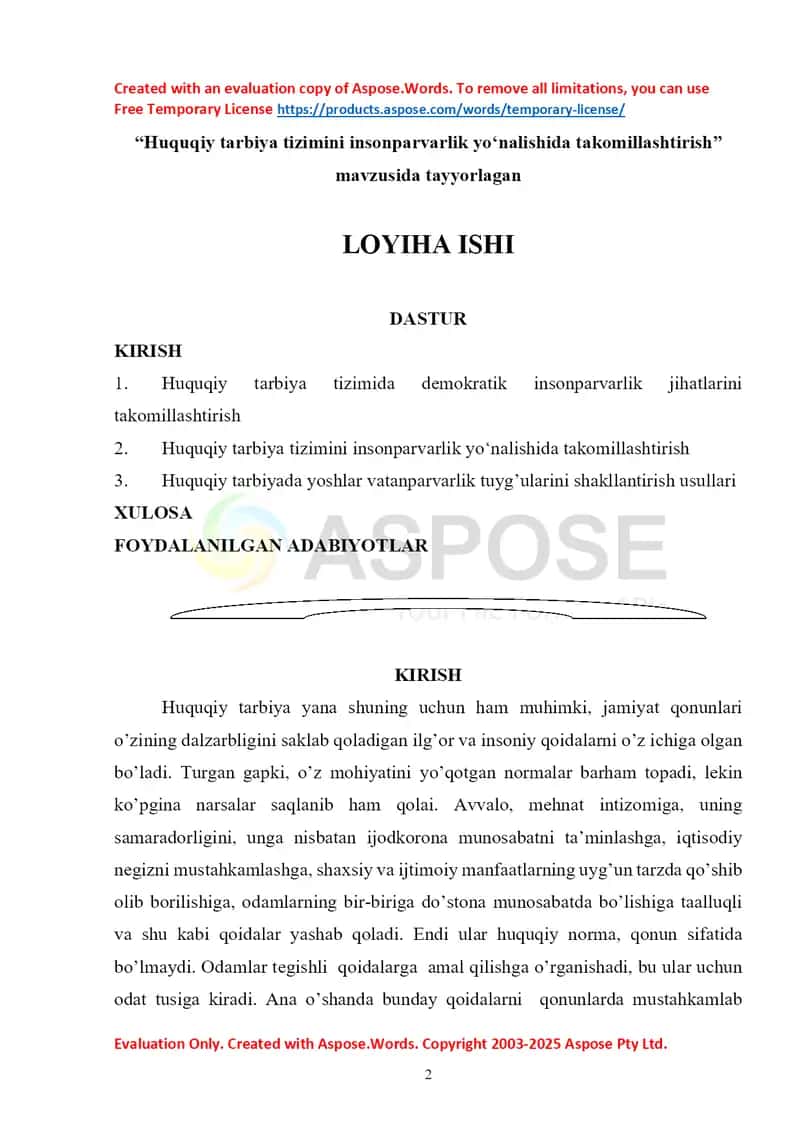 Huquqiy tarbiya tizimini insonparvarlik yoʻnalishida takomillashtirish