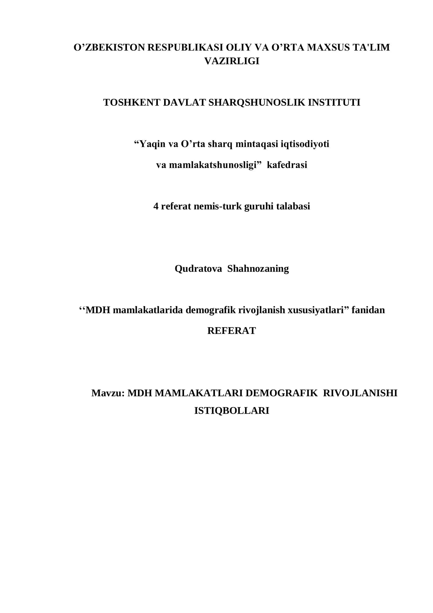 MDH MAMLAKATLARI DEMOGRAFIK RIVOJLANISHI ISTIQBOLLARI