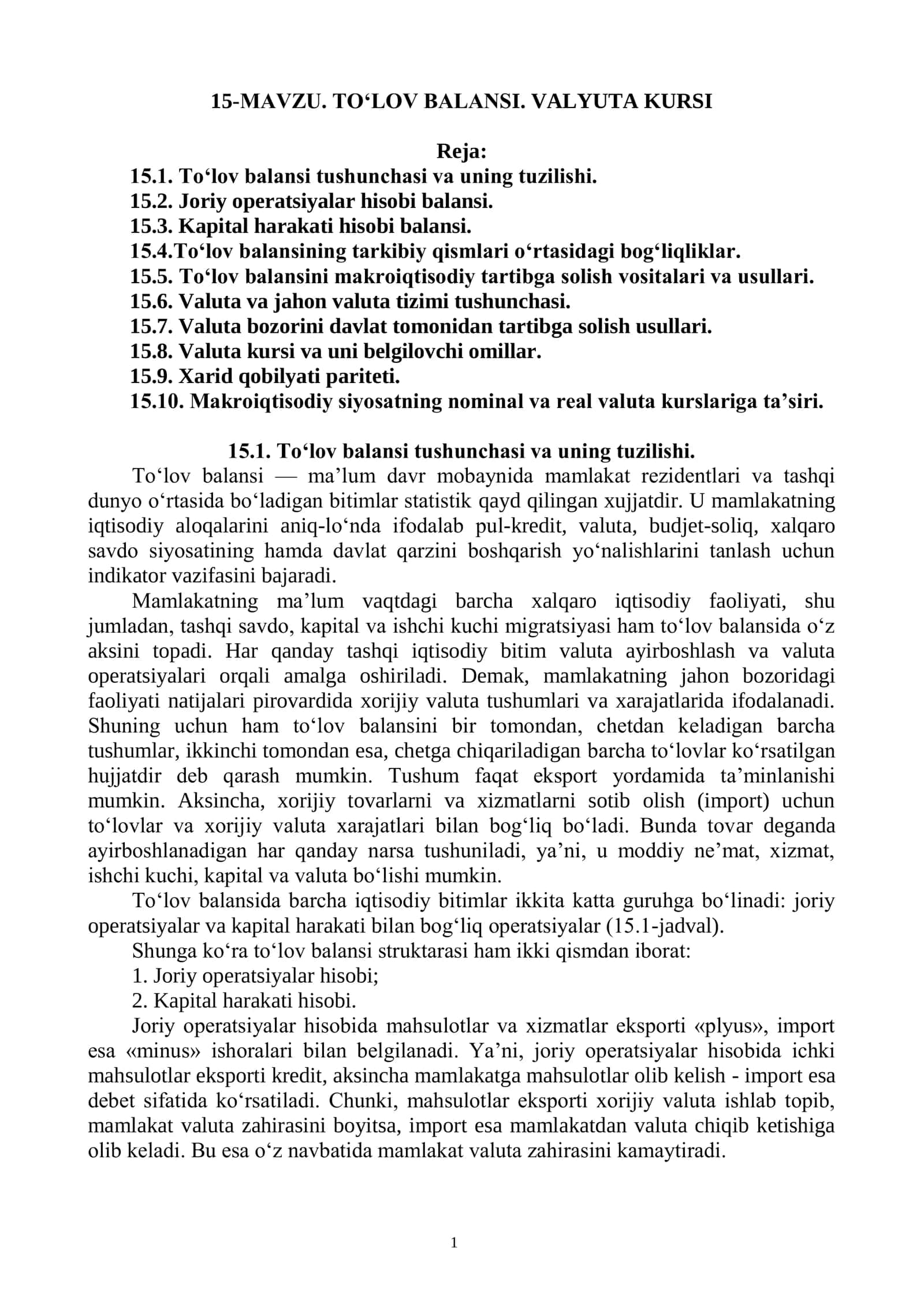 TO‘LOV BALANSI. VALYUTA KURSI