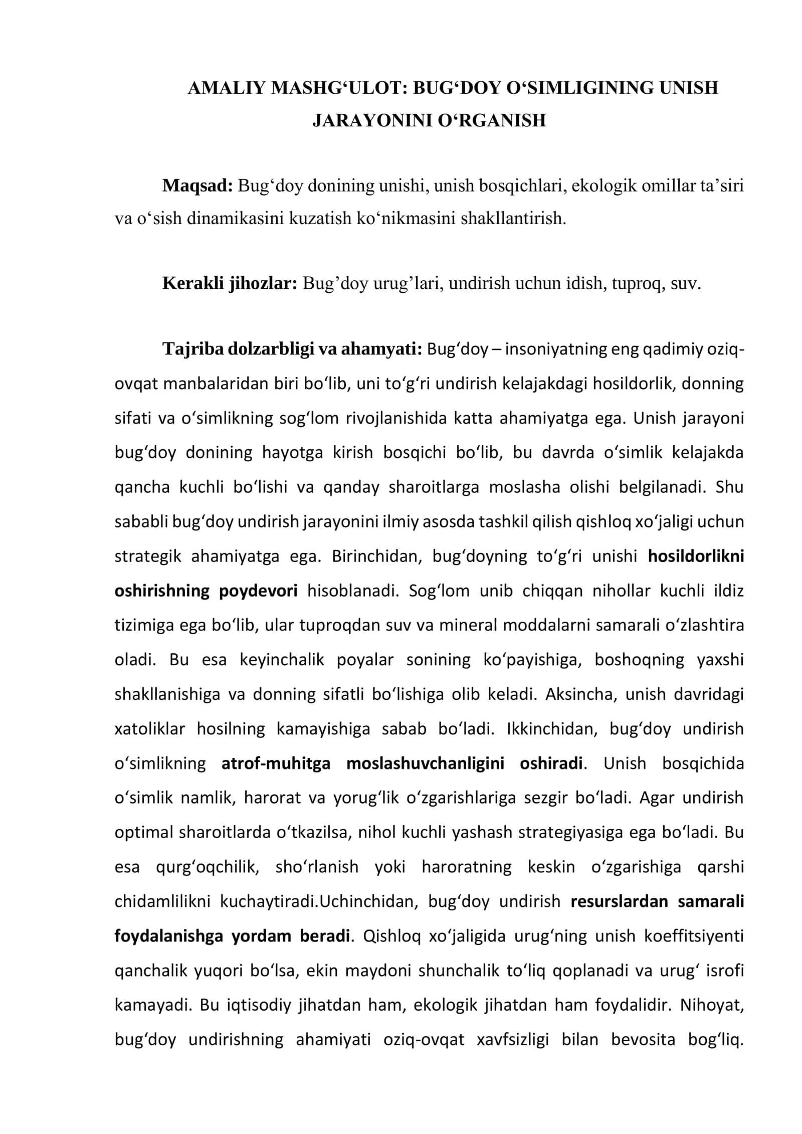 BUG‘DOY O‘SIMLIGINING UNISH JARAYONINI O‘RGANISH