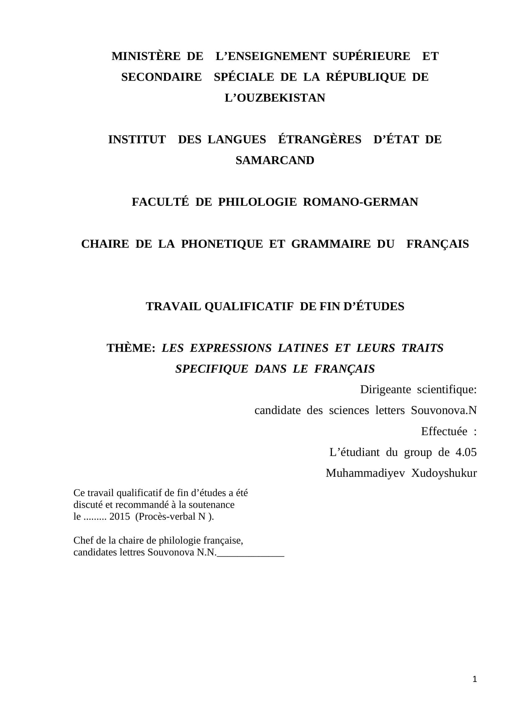 Les Expressions Latines et Leurs Traits Specifique dans le Français