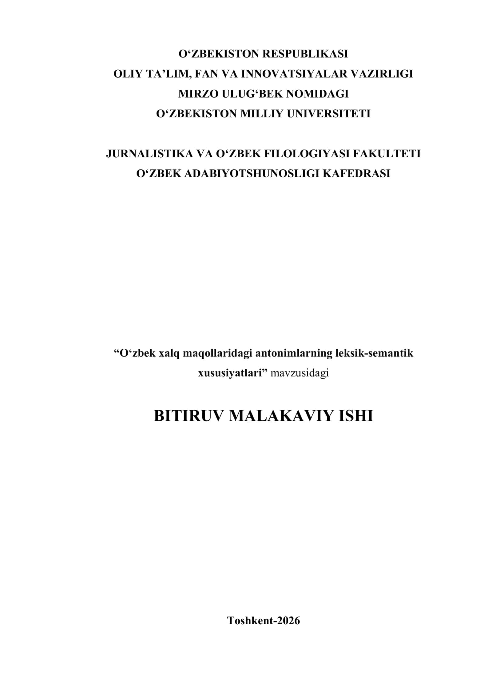 O‘zbek xalq maqollaridagi antonimlarning leksik-semantik xususiyatlari