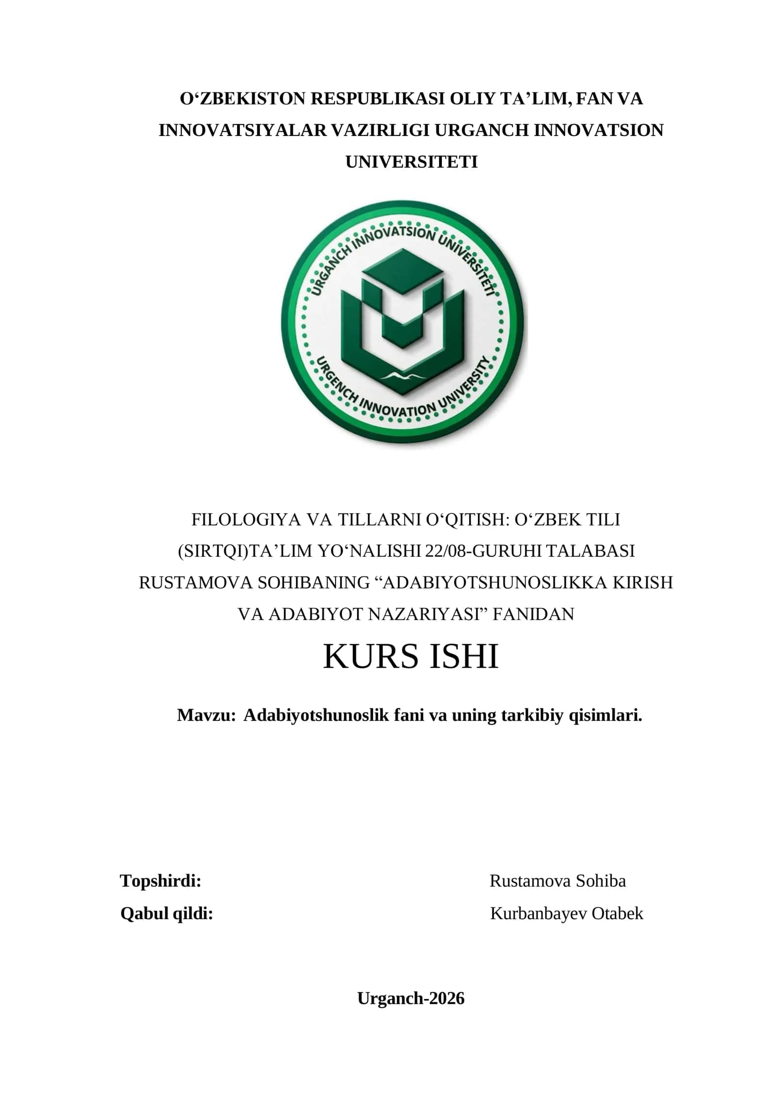 Adabiyotshunoslik fani va uning tarkibiy qisimlari
