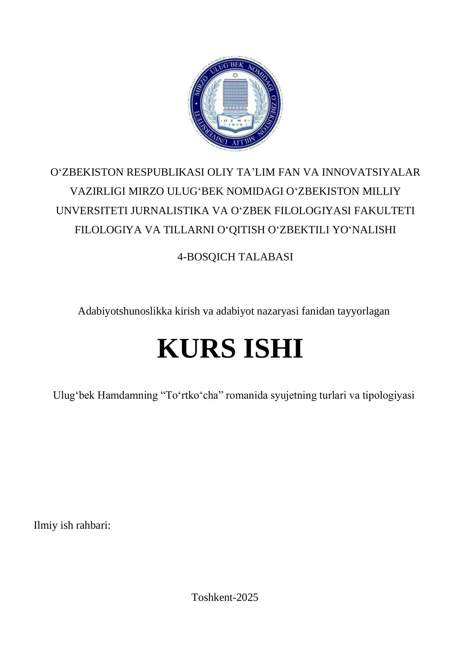 Ulug‘bek Hamdamning “To‘rtko‘cha” romanida syujetning turlari va tipologiyasi