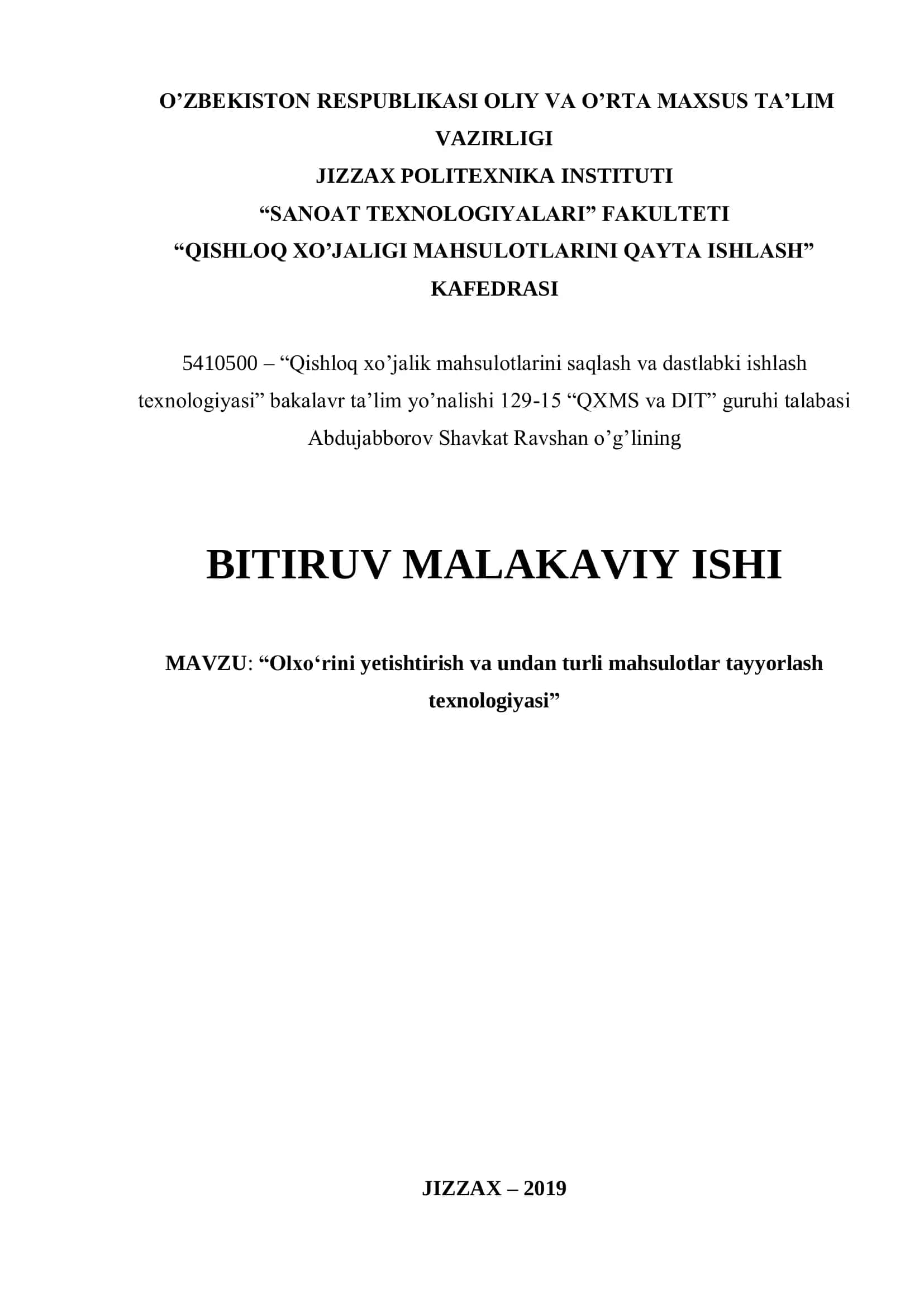 “Olxo‘rini yetishtirish va undan turli mahsulotlar tayyorlash texnologiyasi”