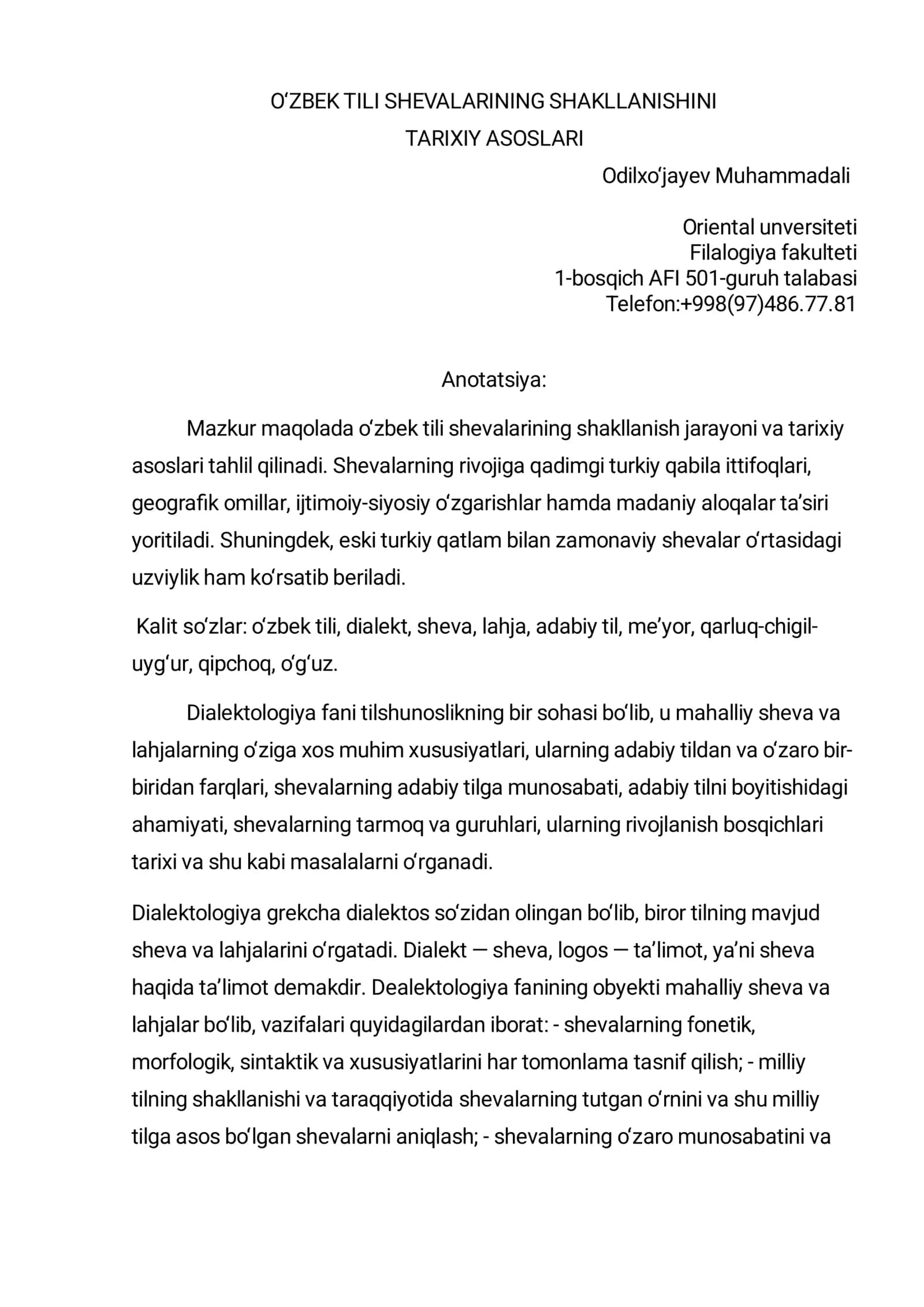 O‘ZBEK TILI SHEVALARINING SHAKLLANISHINI TARIXIY ASOSLARI