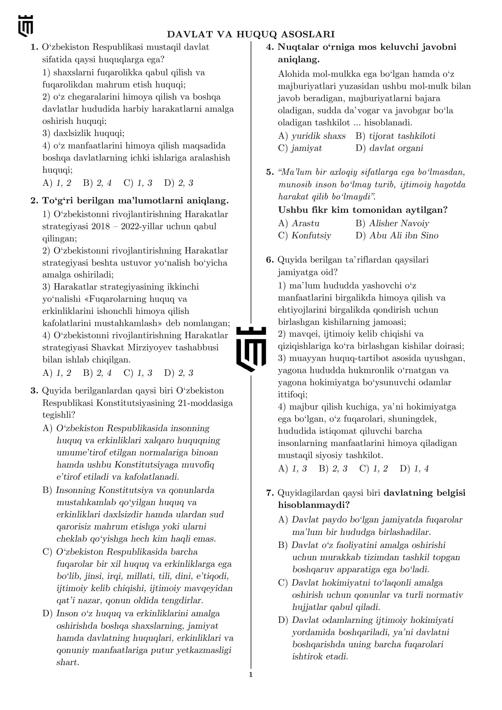 DAVLAT VA HUQUQ ASOSLARI