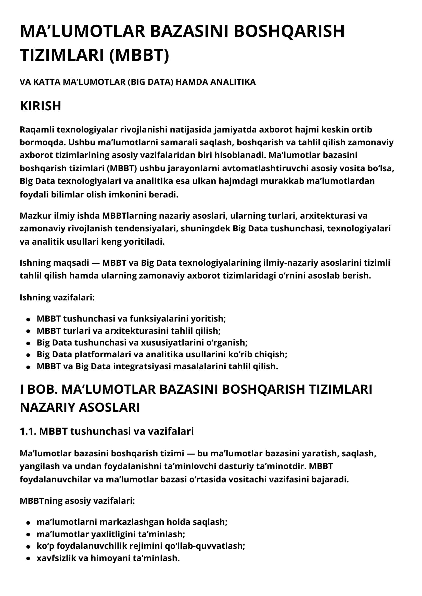 MA’LUMOTLAR BAZASINI BOSHQARISH TIZIMLARI (MBBT)