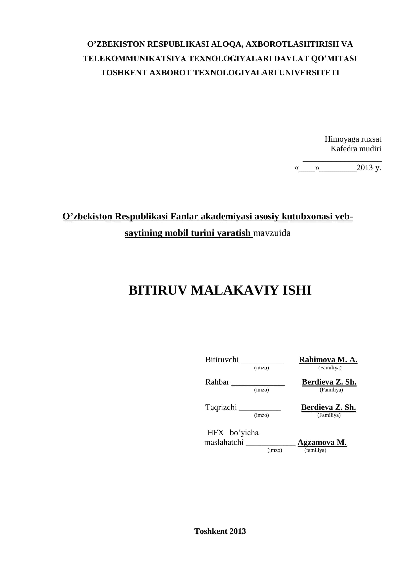 O’zbekiston Respublikasi Fanlar Akademiyasi asosiy kutubxonasi veb-saytining mobil turini yaratish mavzuida