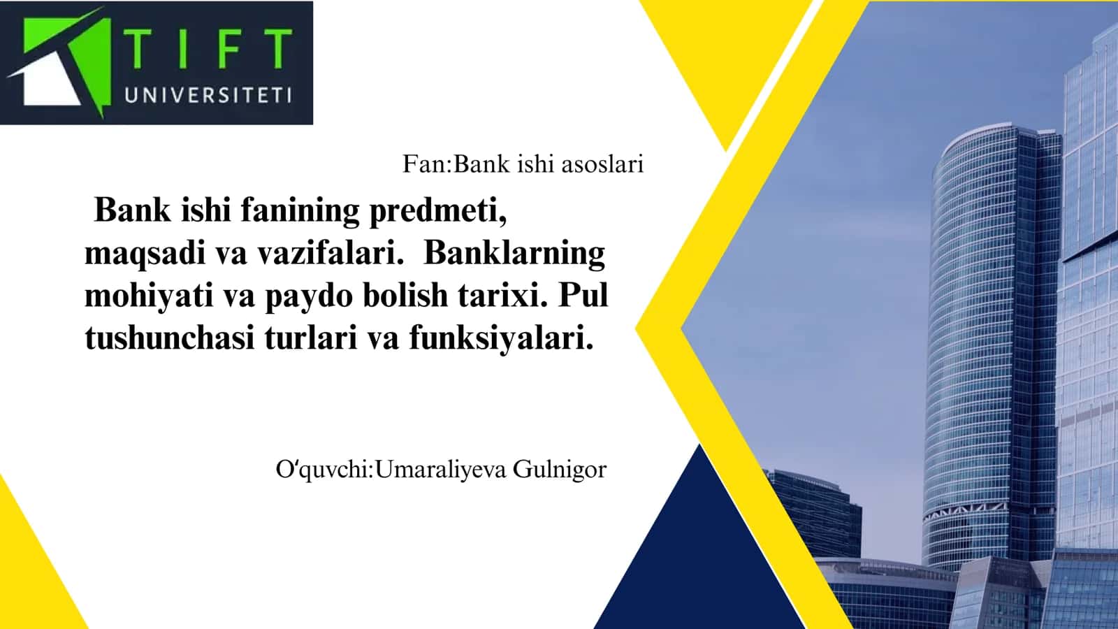 Bank ishi fanining predmeti
