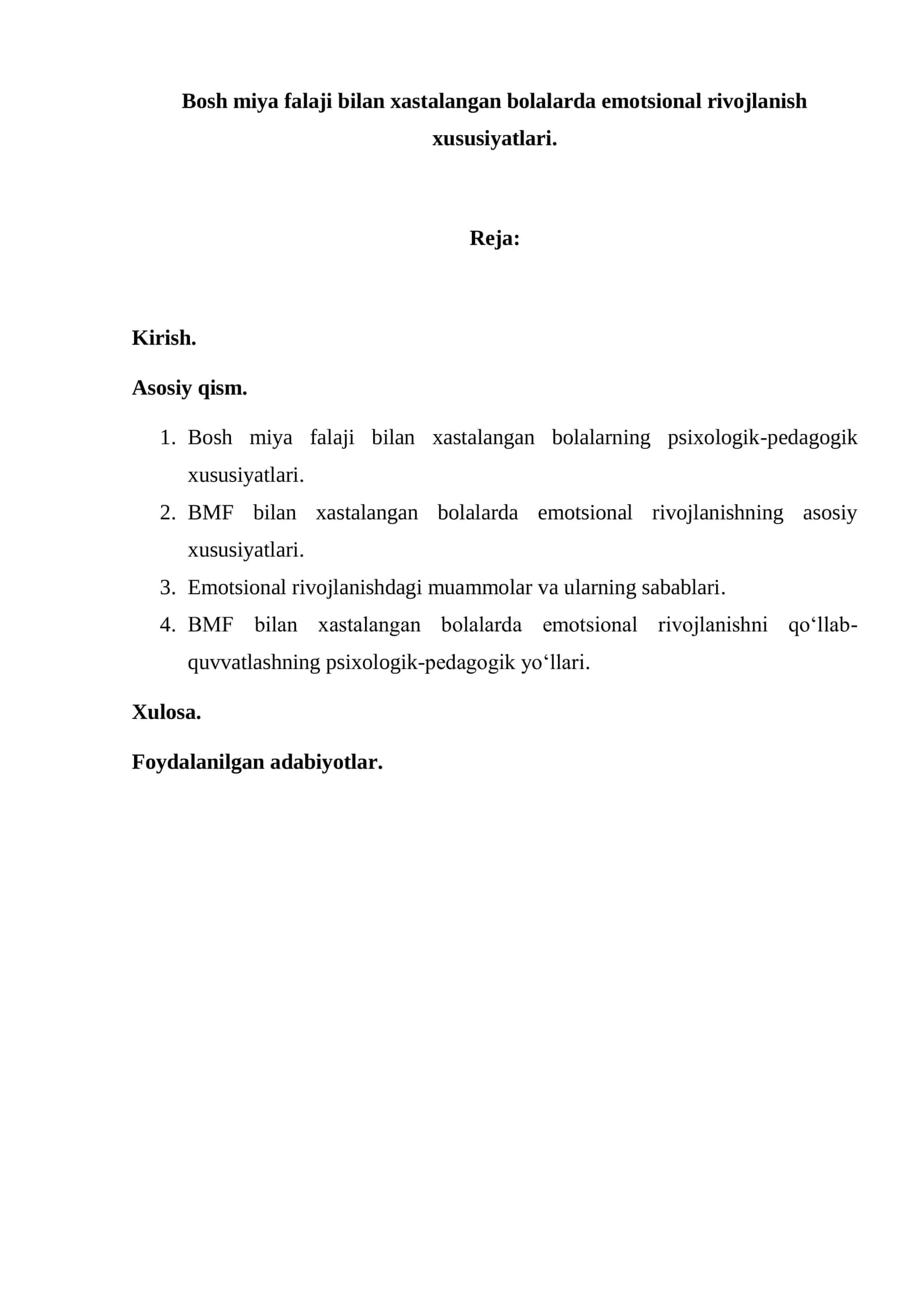 Bosh miya falaji bilan xastalangan bolalarda emotsional rivojlanish xususiyatlari