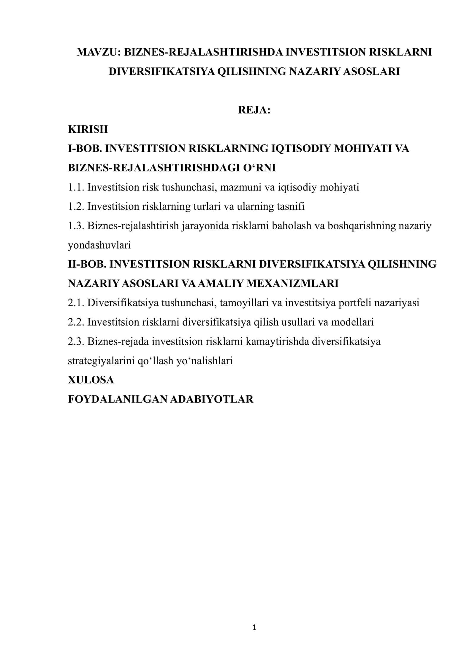 BIZNES-REJALASHTIRISHDA INVESTITSION RISKLARNI DIVERSIFIKATSIYA QILISHNING NAZARIY ASOSLARI
