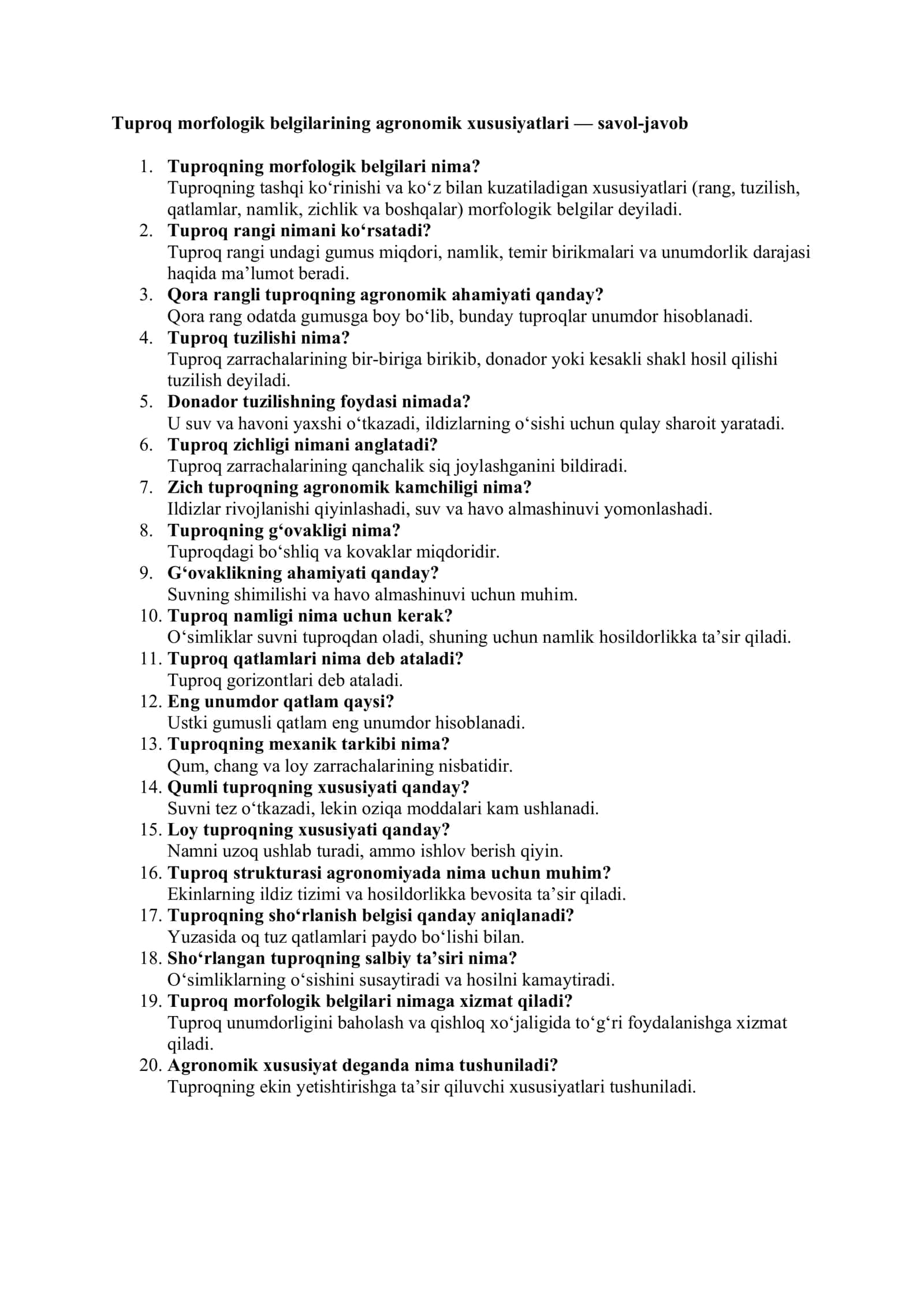 Tuproq morfologik belgilarining agronomik xususiyatlari — savol-javob