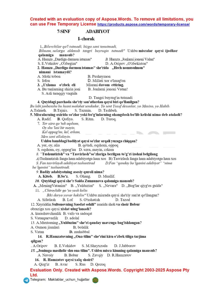 Adabiyot 7-sinf chorak test