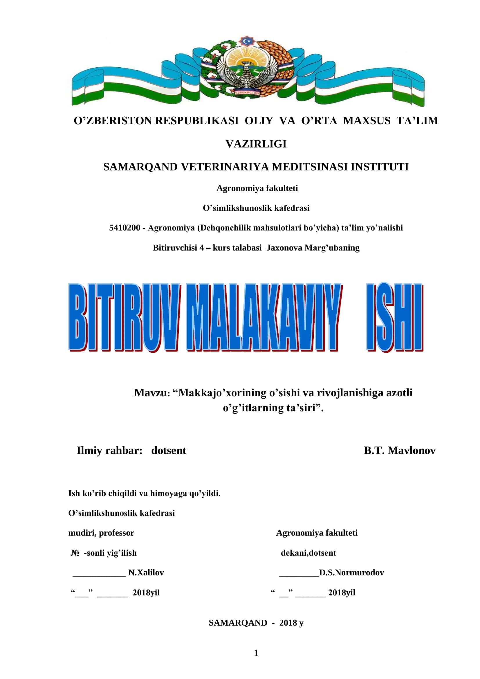 Makkajo’xorining o’sishi va rivojlanishiga azotli