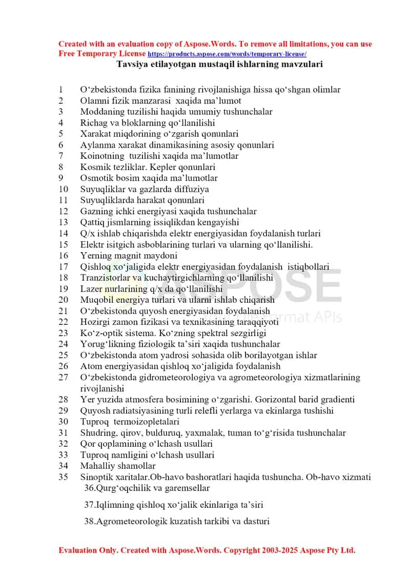 Tavsiya etilayotgan mustaqil ishlarning mavzulari