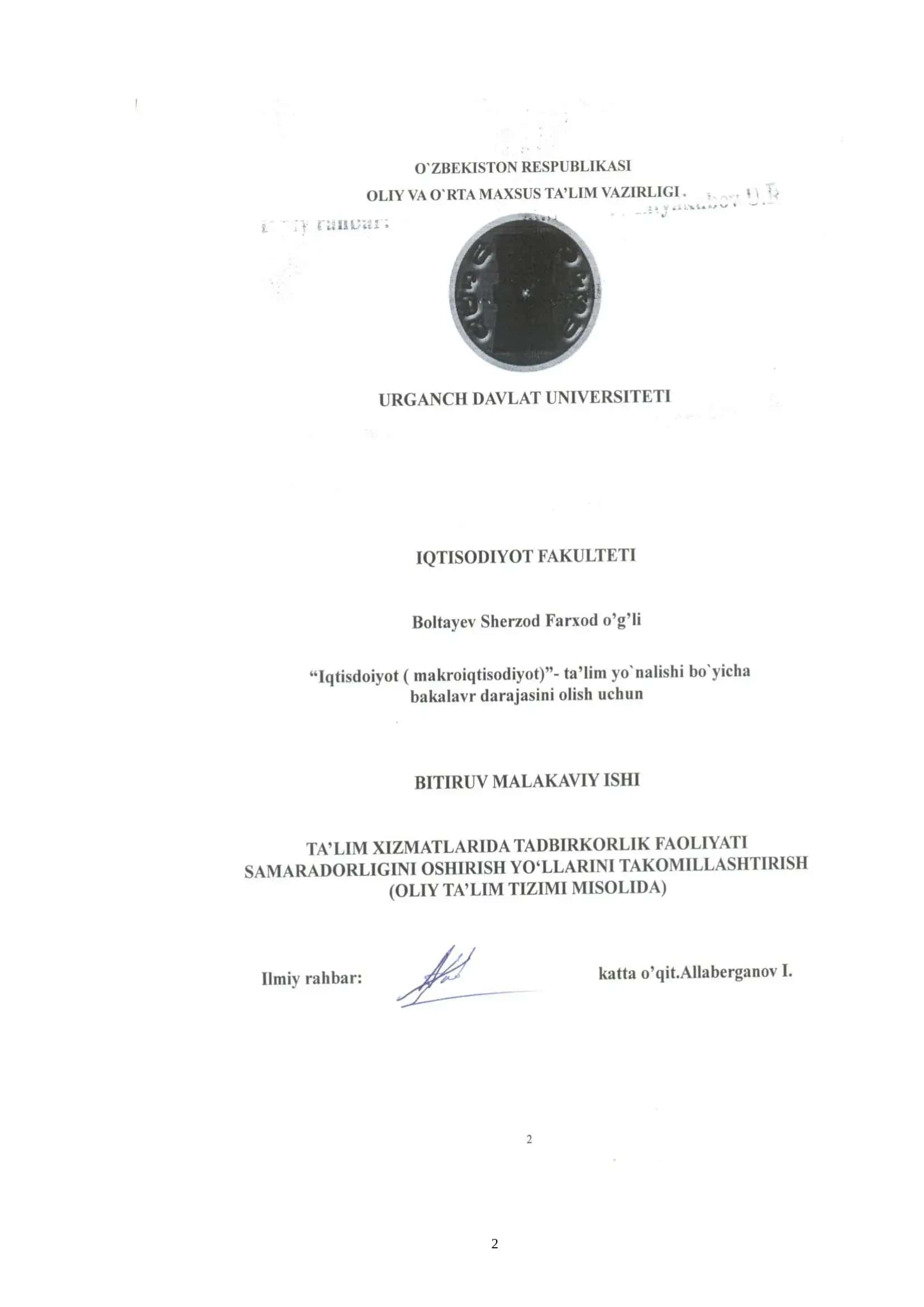 TA’LIM XIZMATLARI TADBIRKORLIK FAOLIYATI SAMARADORLIGINI OSHIRISH
