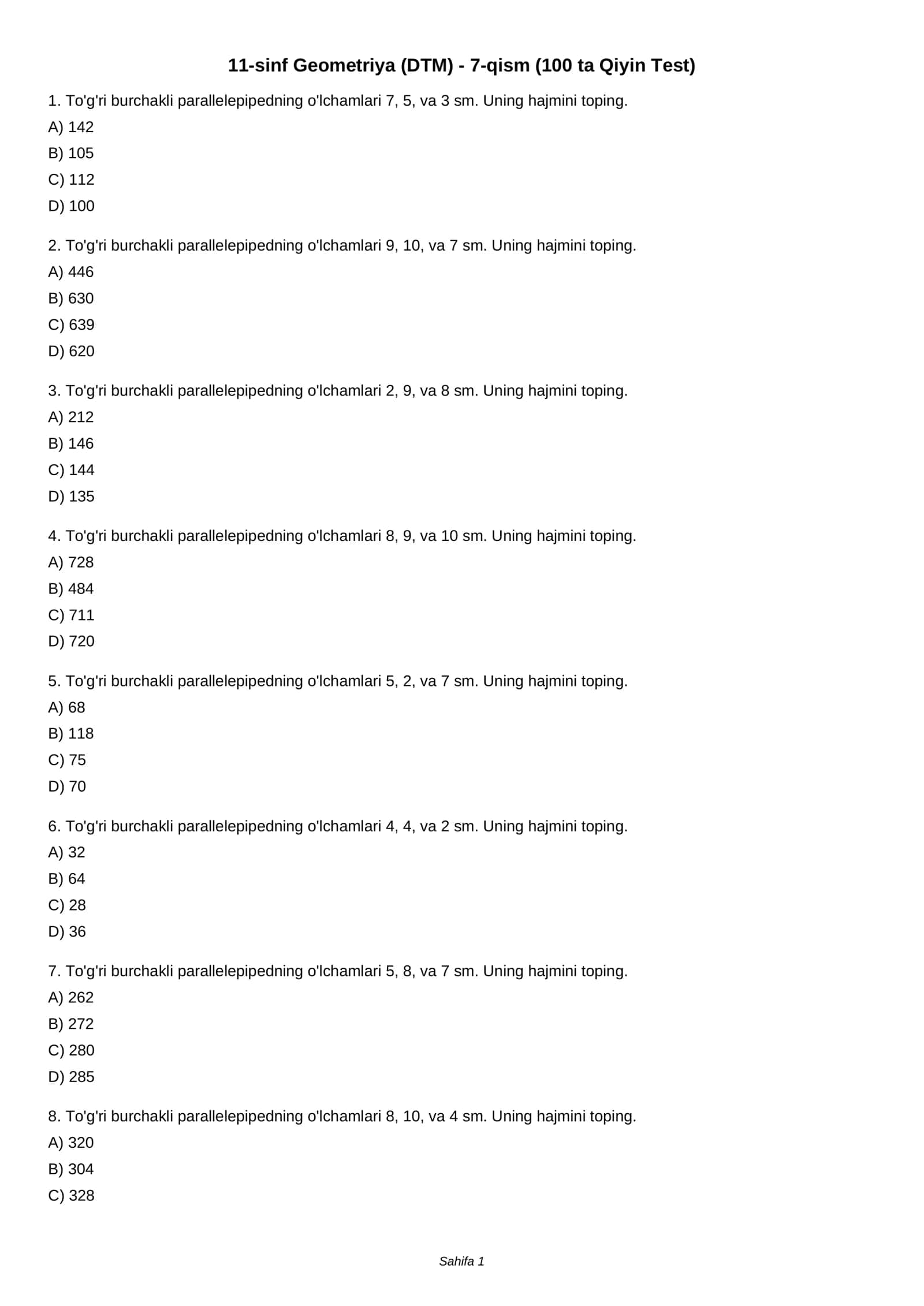11-sinf Geometriya (DTM) - 7-qism (100 ta Qiyin Test)