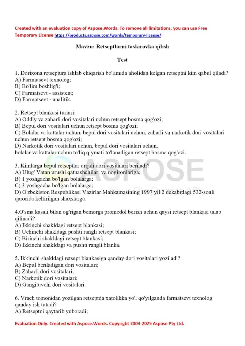 7. Retseptlarni taskirovka qilish. Test 20 ta javobi bilan.
