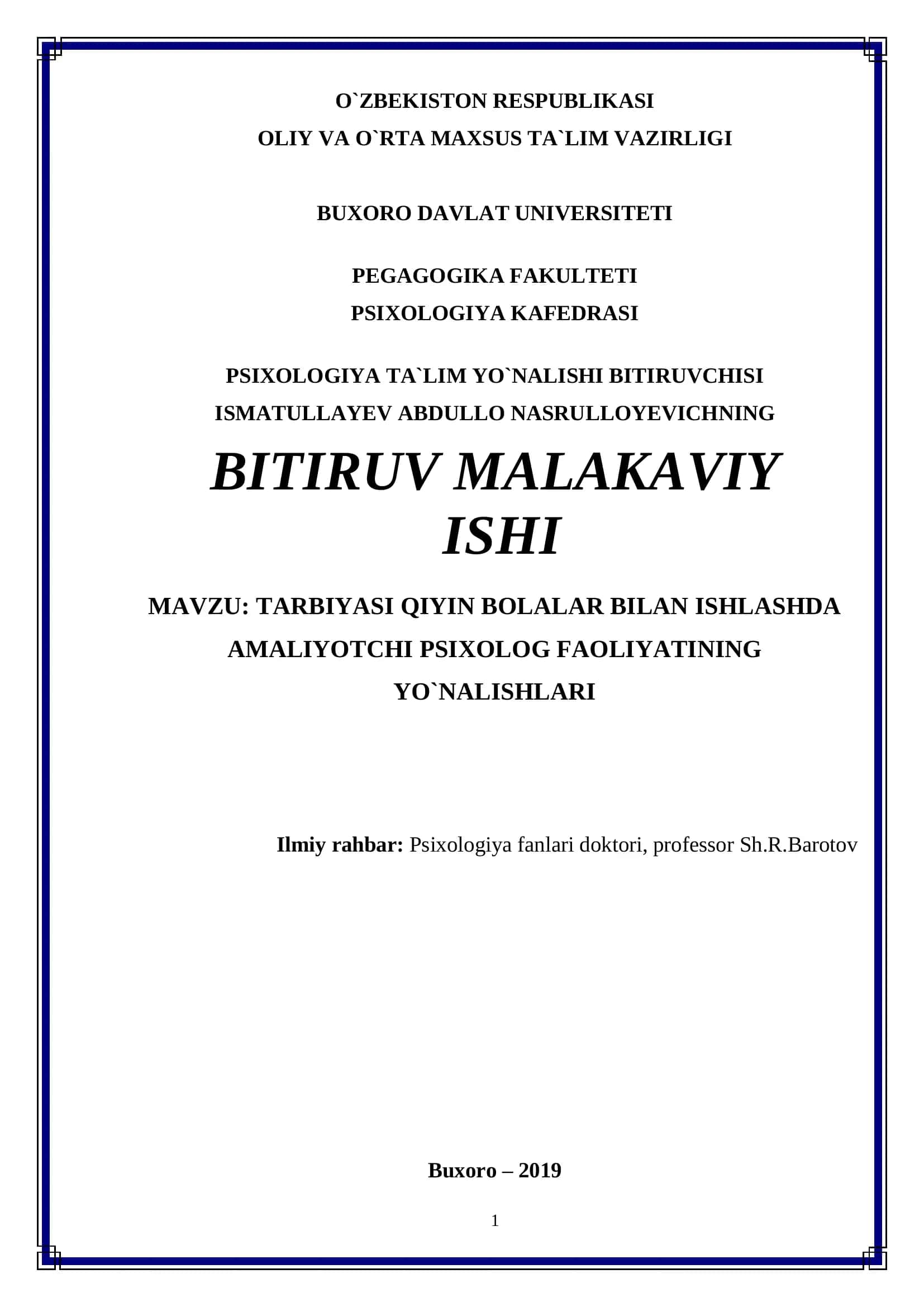 TARBIYASI QIYIN BOLALAR BILAN ISHLASHDA AMALIYOTCHI PSIXOLOG FAOLIYATINING YO`NALISHLARI