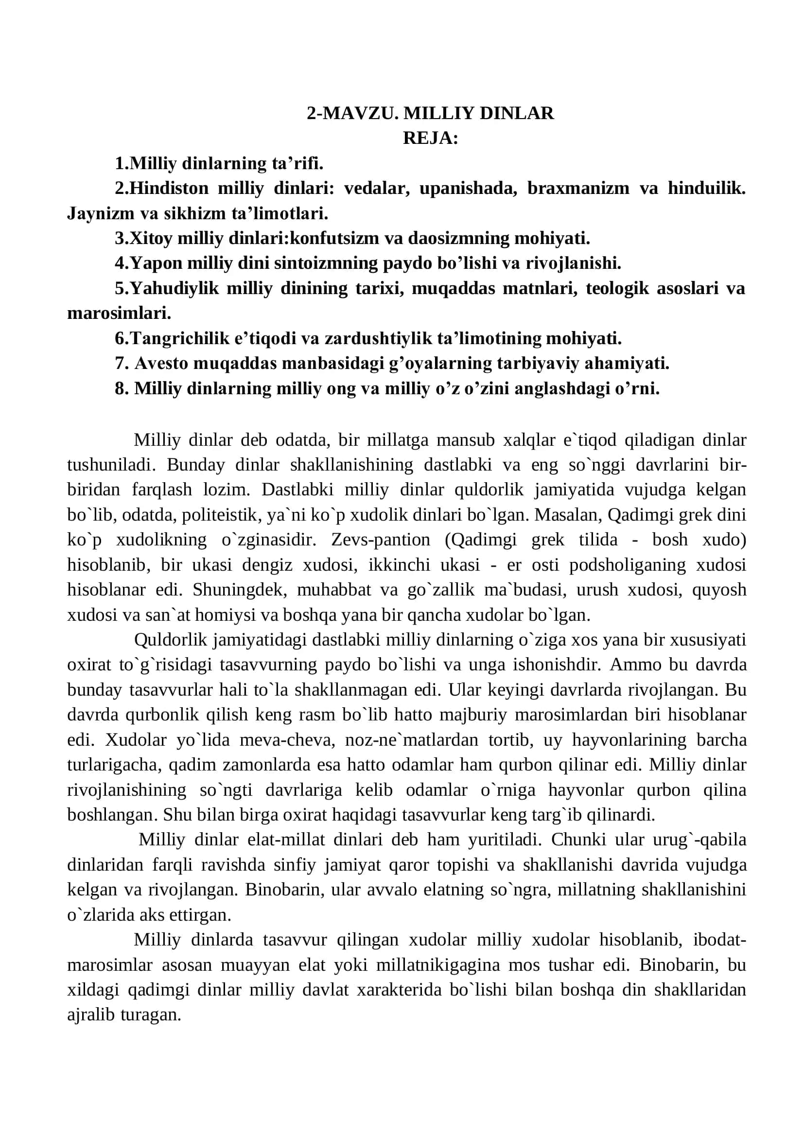 Dinshunoslik Milliy dinlar mavzusida Taqdimot ishi
