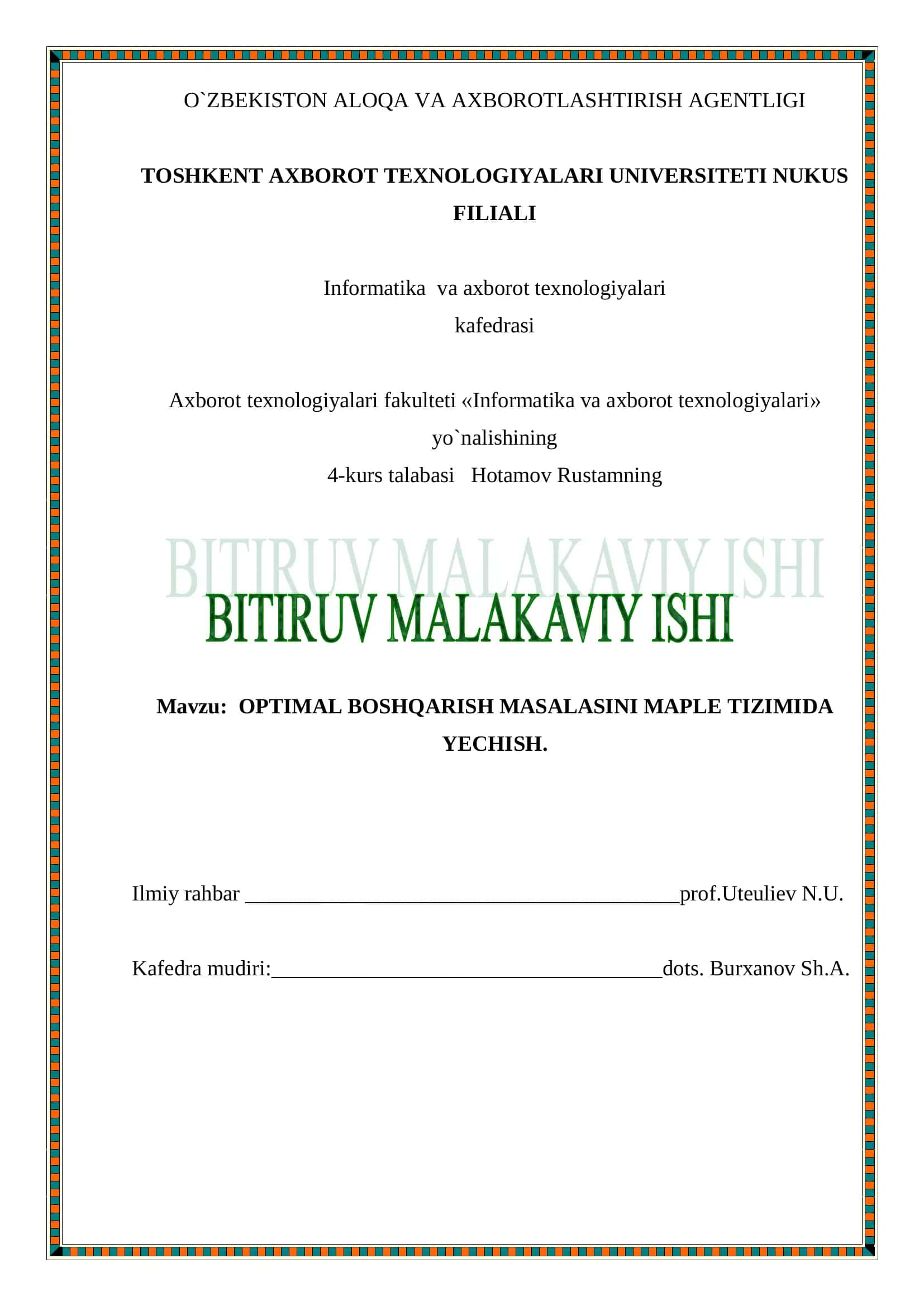 OPTIMAL BOSHQARISH MASALASINI MAPLE TIZIMIDA YECHISH
