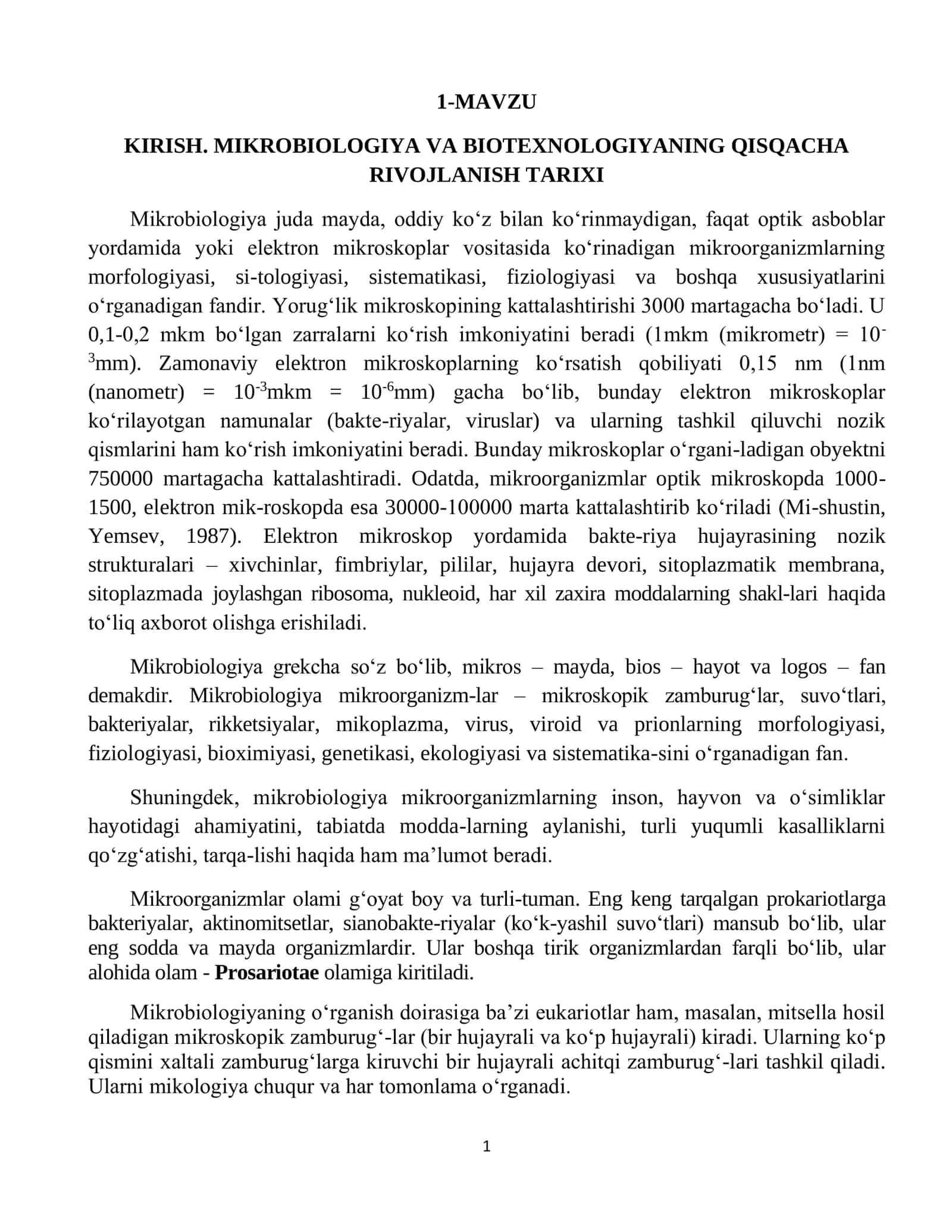 MIKROBIOLOGIYA VA BIOTEXNOLOGIYANING QISQACHA RIVOJLANISH TARIXI