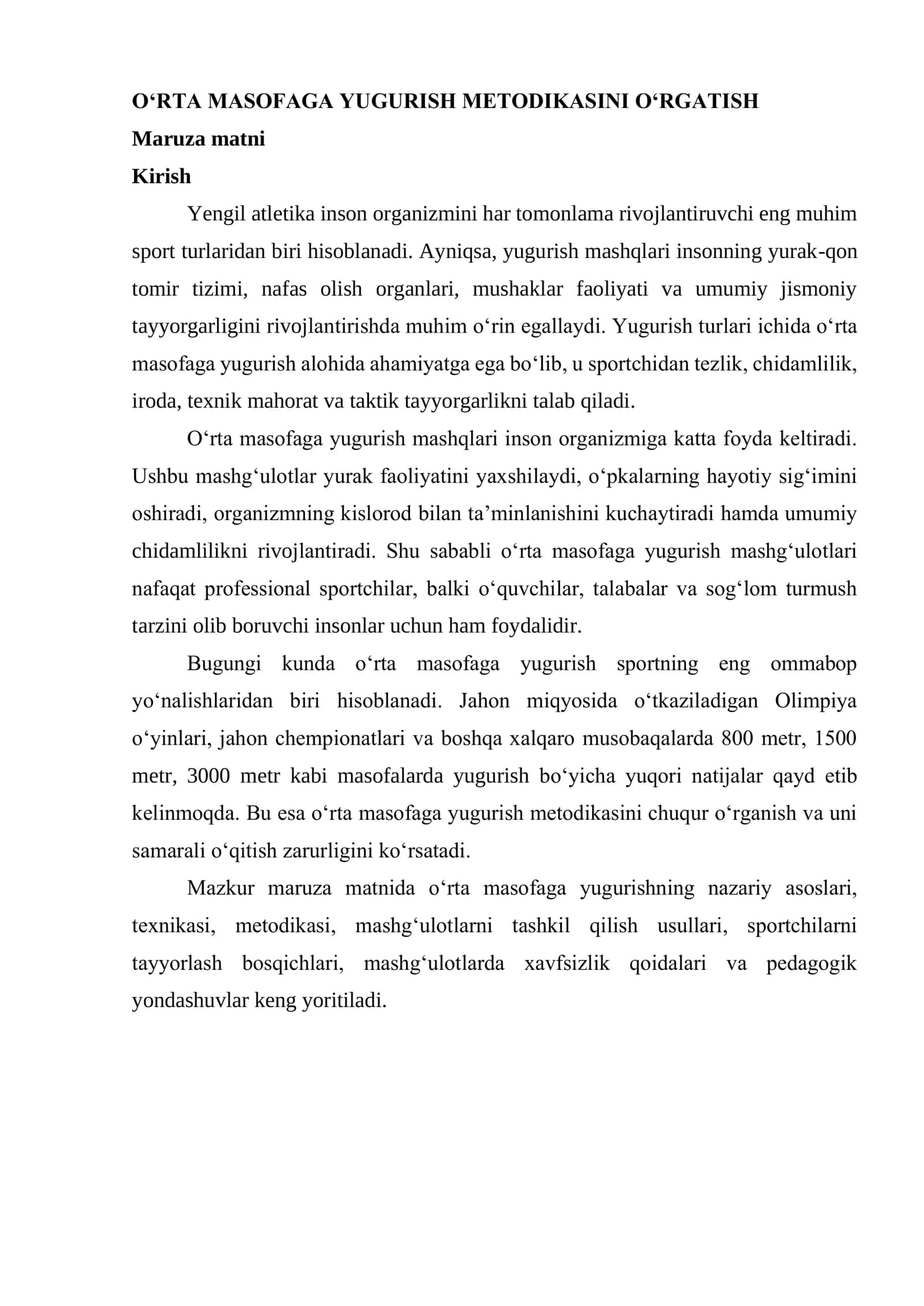 O‘RTA MASOFAGA YUGURISH METODIKASINI O‘RGATISH