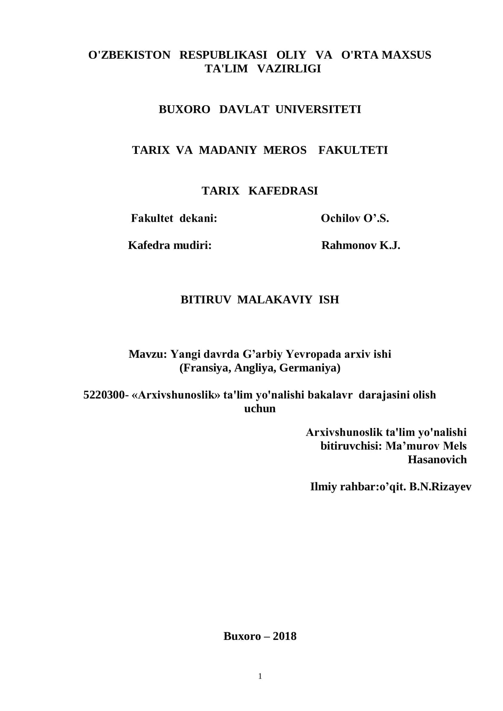 Yangi davrda G’arbiy Yevropada arxiv ishi (Fransiya, Angliya, Germaniya)