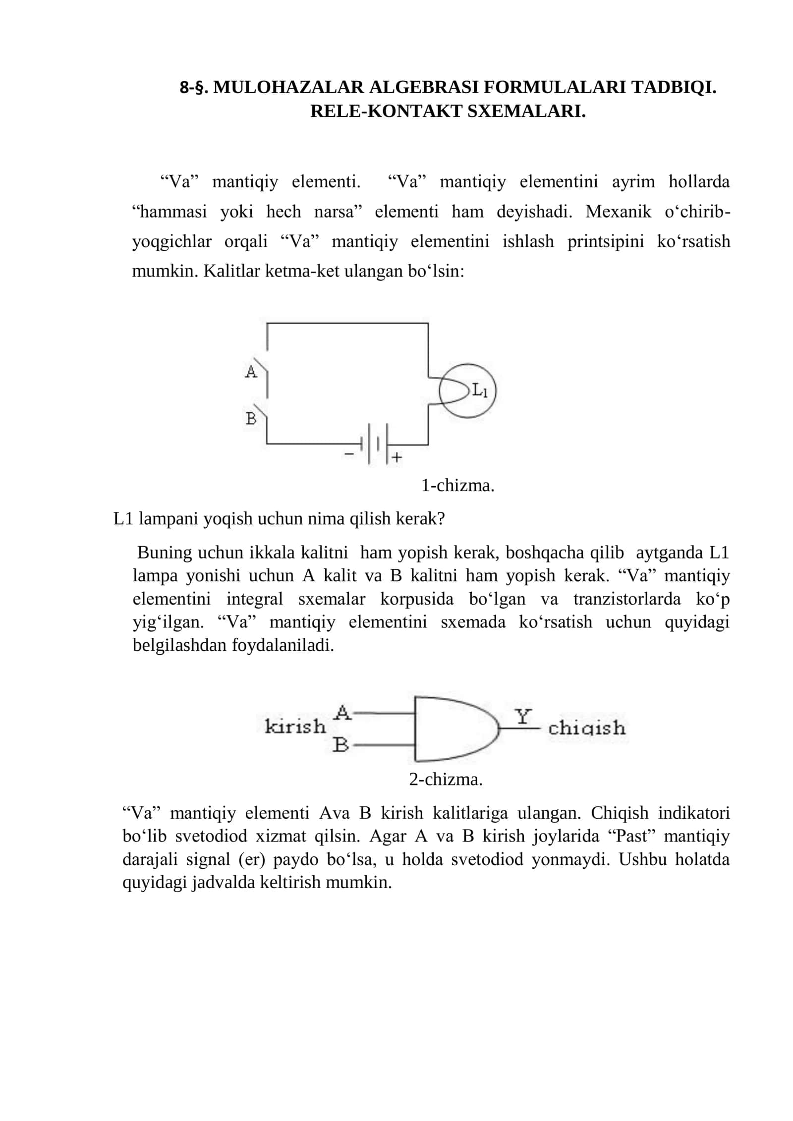 MULOHAZALAR ALGEBRASI FORMULALARI TADBIQI. RELE-KONTAKT SXEMALARI