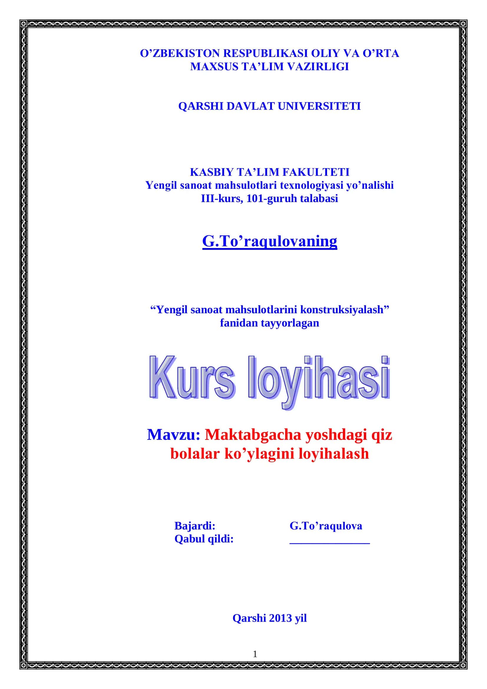 Maktabgacha yoshdagi qiz bolalar ko’ylagini loyihalash