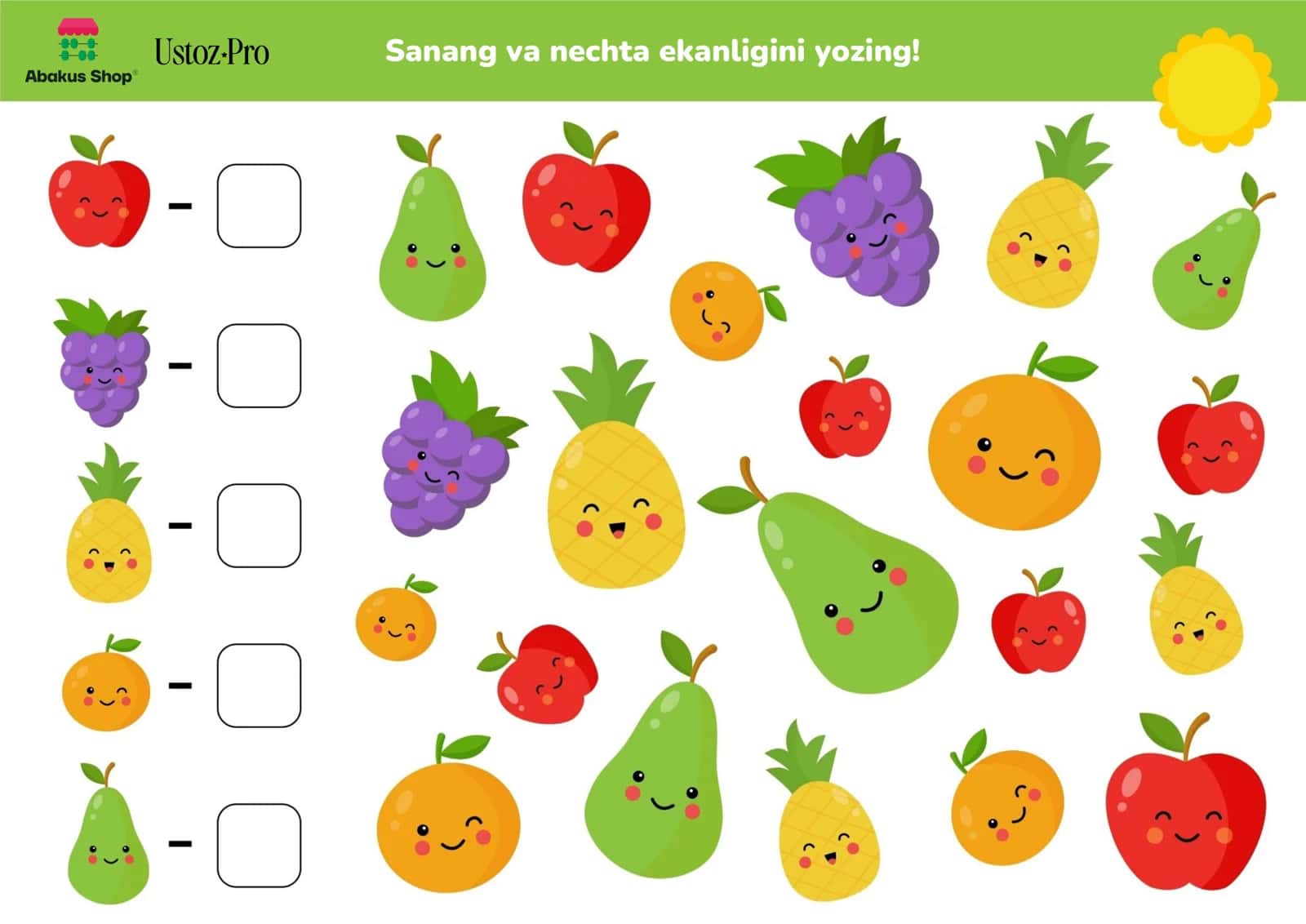 Sanang va nechta ekanligini yozing!