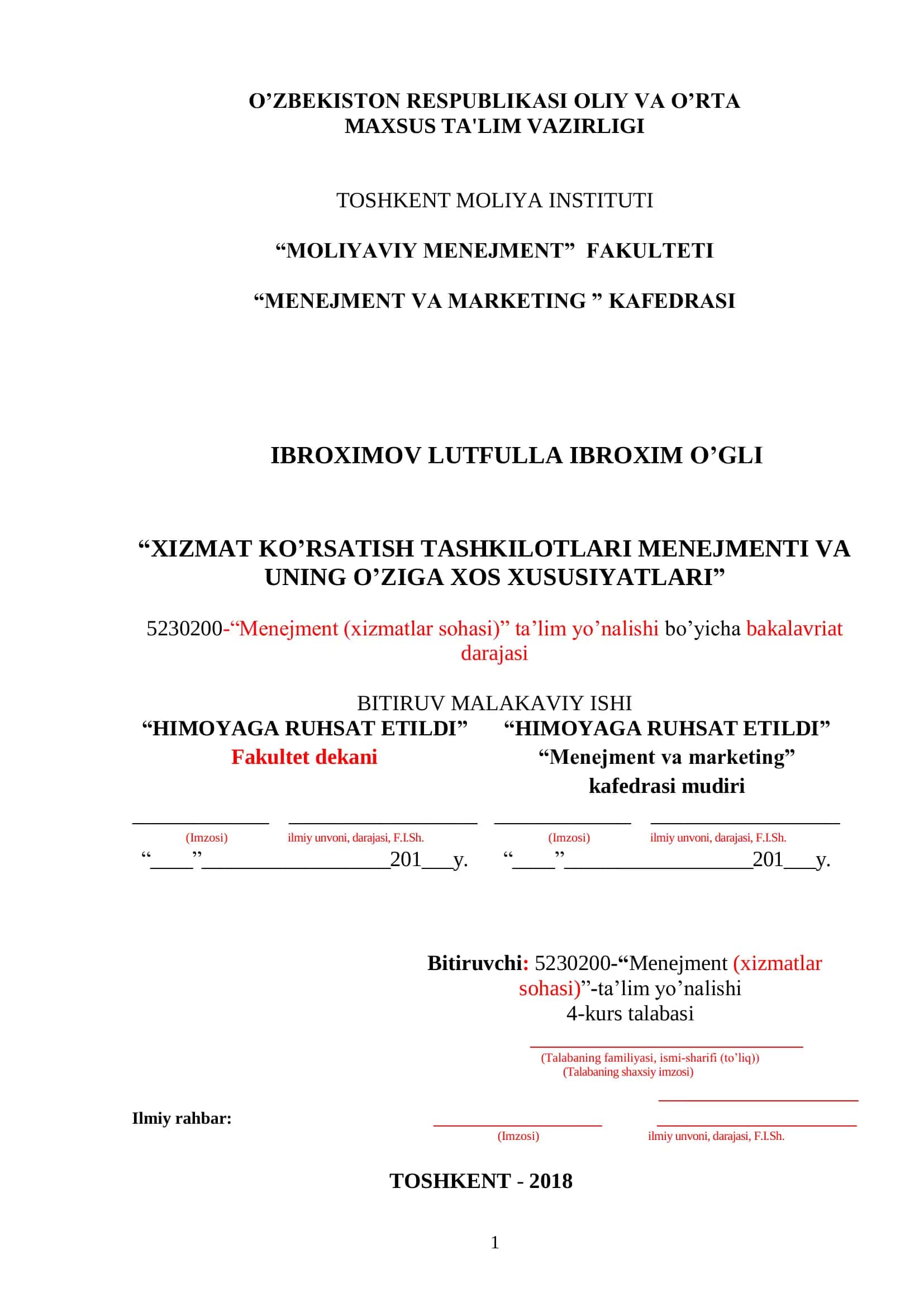 XIZMAT KO‟RSATISH TASHKILOTLARI MENEJMENTI VA UNING O‟ZIGA XOS XUSUSIYATLAR