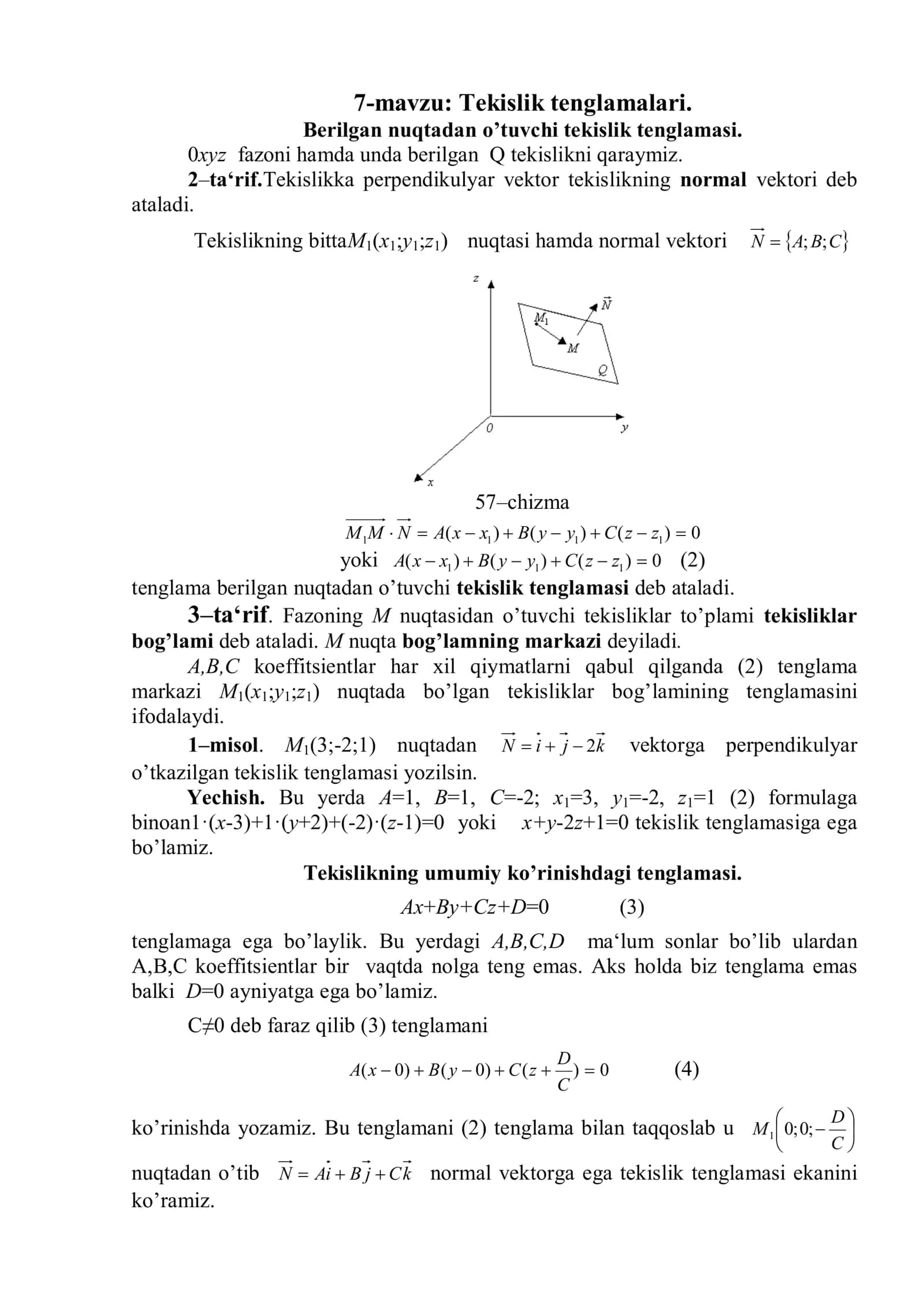Tekislik tenglamalari