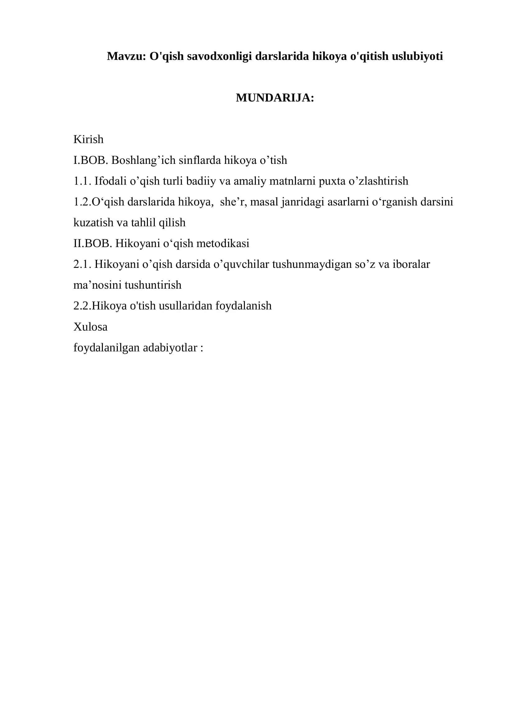 O'qish savodxonligi darslarida hikoya o'qitish uslubiyoti