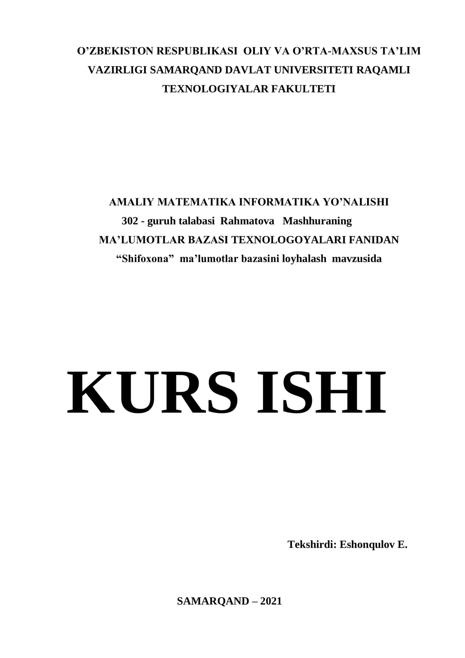 "Shifoxona" ma'lumotlar bazasini yaratish