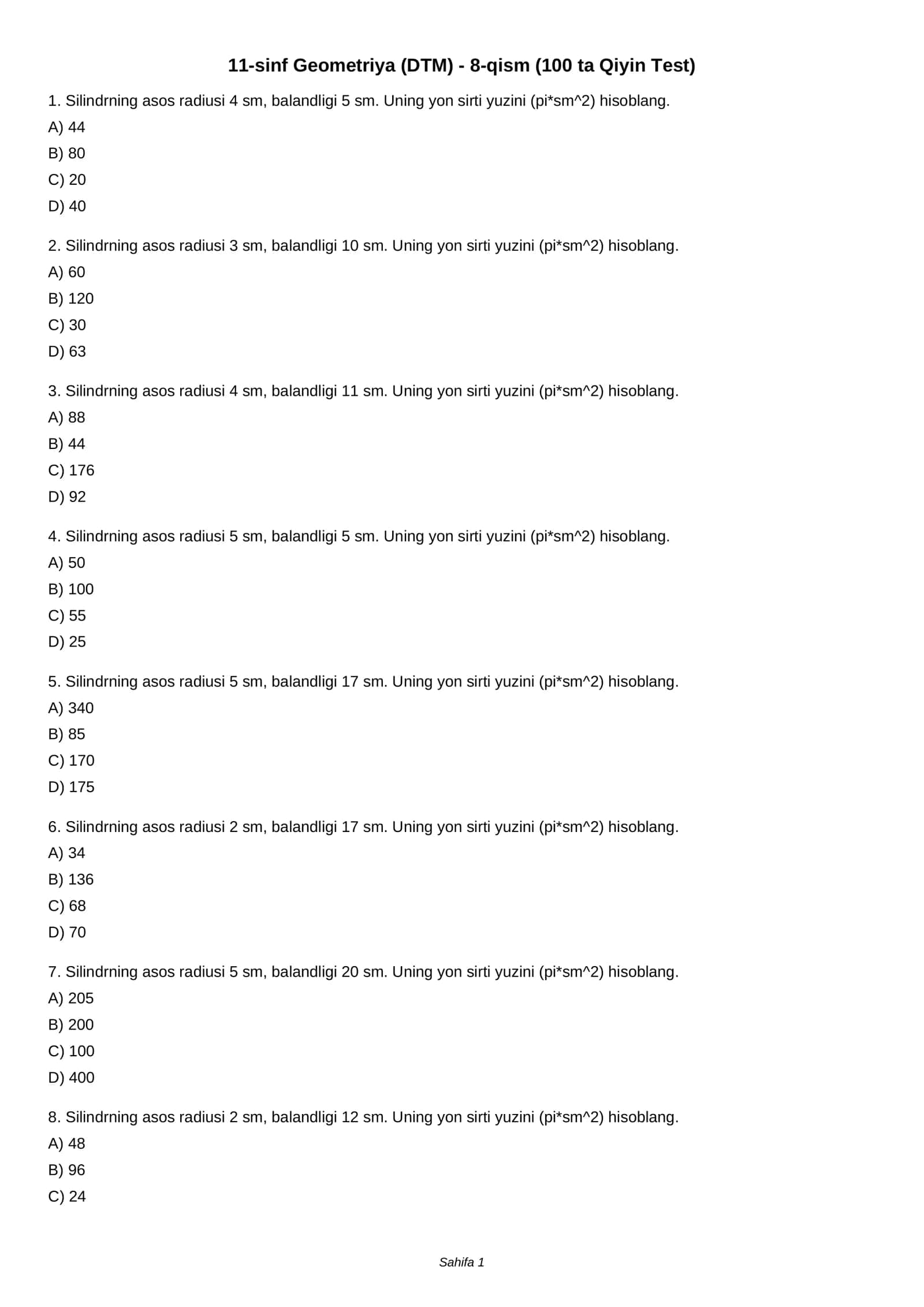 11-sinf Geometriya (DTM) - 8-qism (100 ta Qiyin Test)