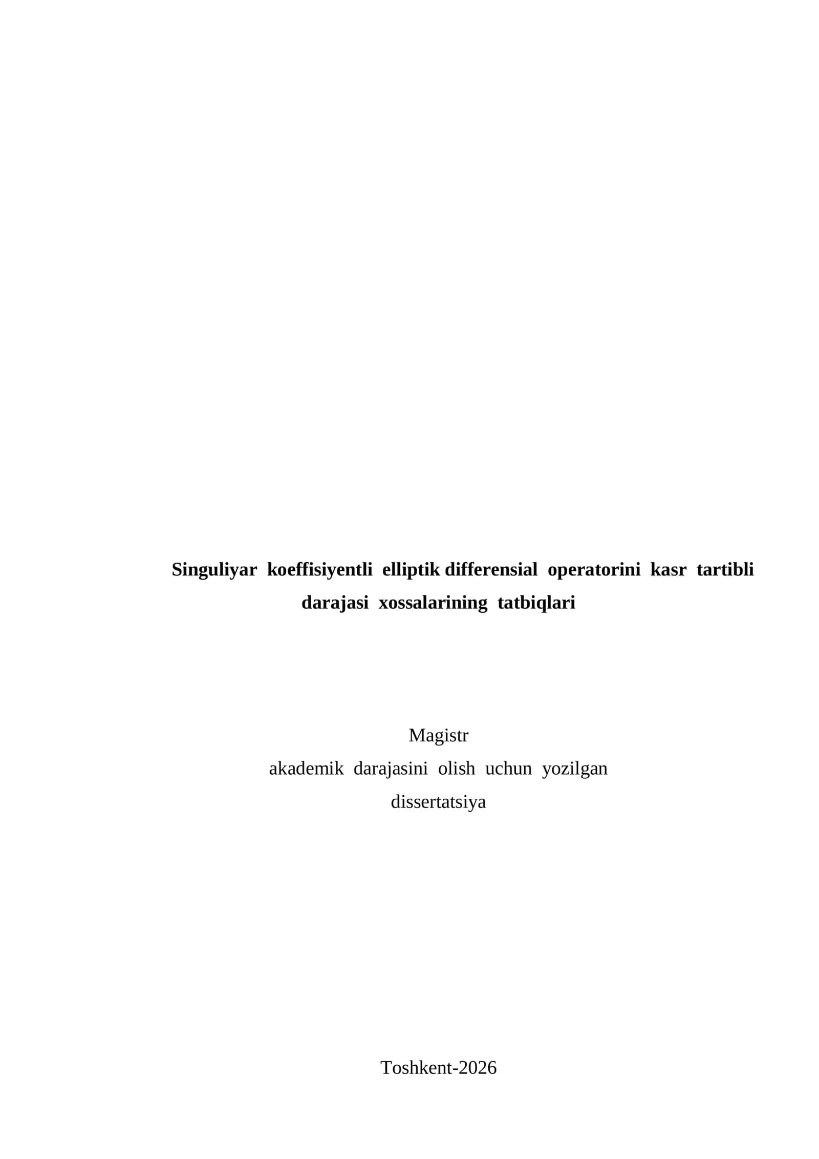 Singuliyar koeffisiyentli elliptik differensial operatorini kasr tartibli darajasi xossalarining tatbiqlari