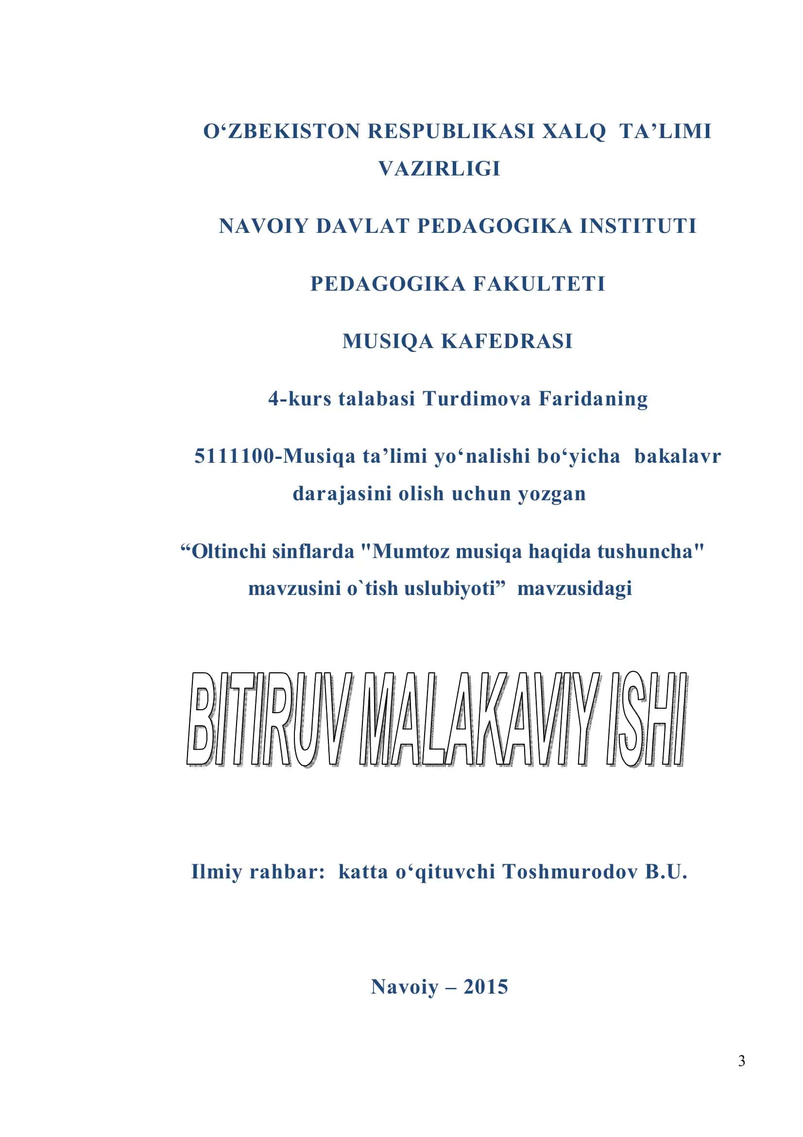 Oltinchi sinflarda "Mumtoz musiqa haqida tushuncha" mavzusini o`tish uslubiyoti