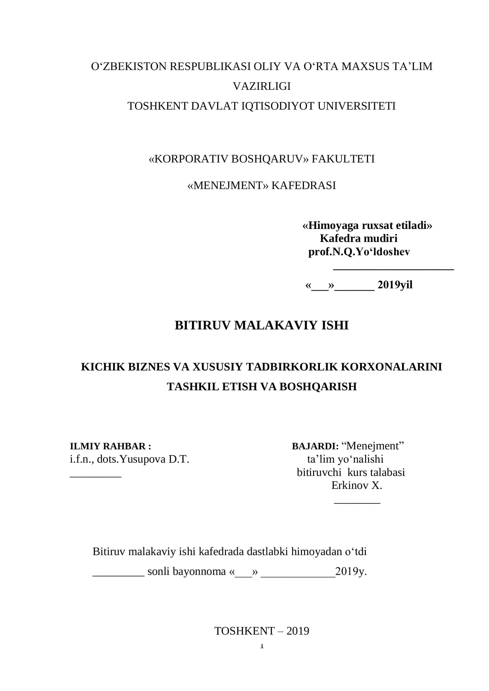 KICHIK BIZNES VA XUSUSIY TADBIRKORLIK